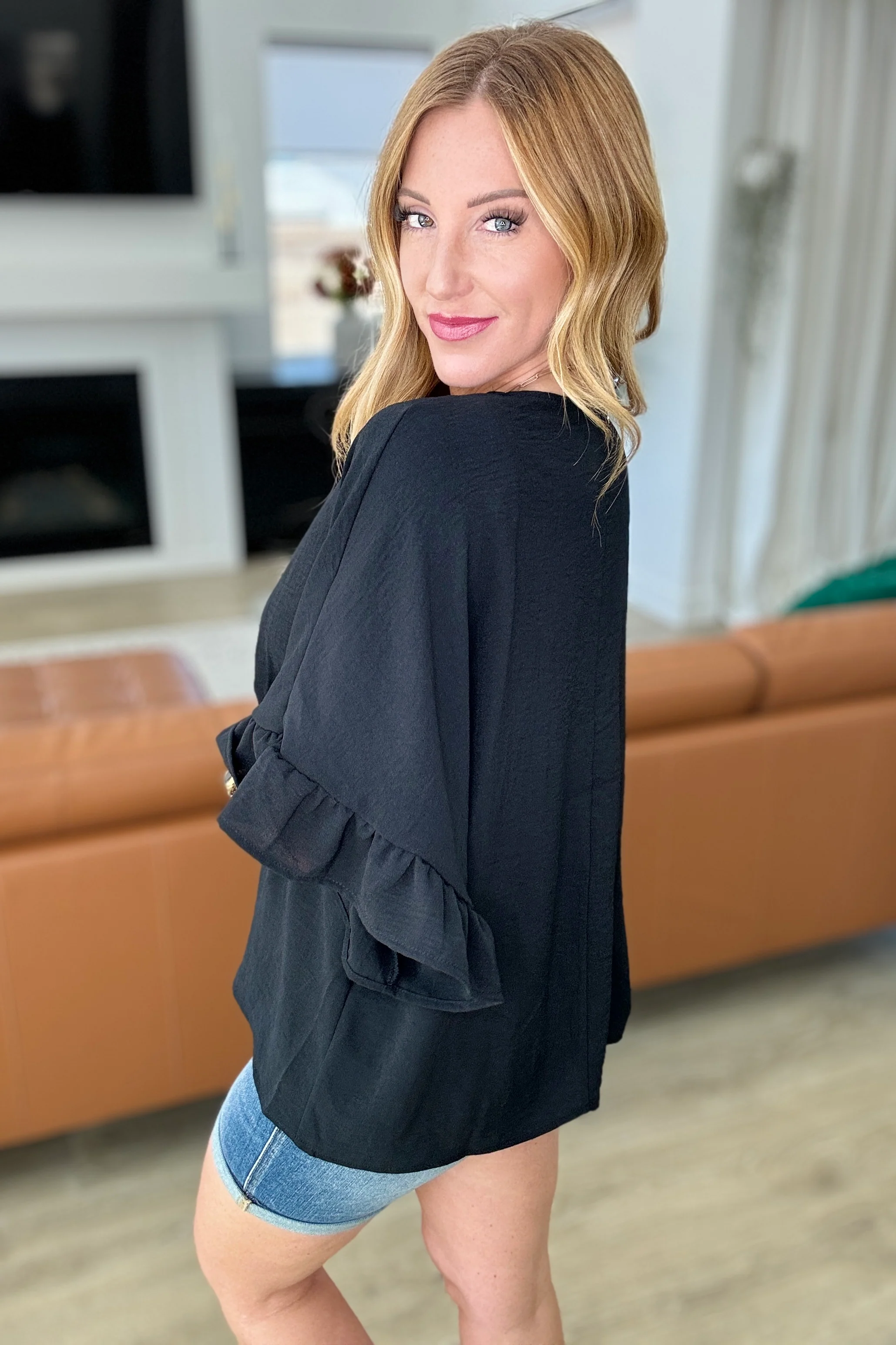 Airflow Peplum Ruffle Sleeve Top in Black - 4/24/2024 - Image 4