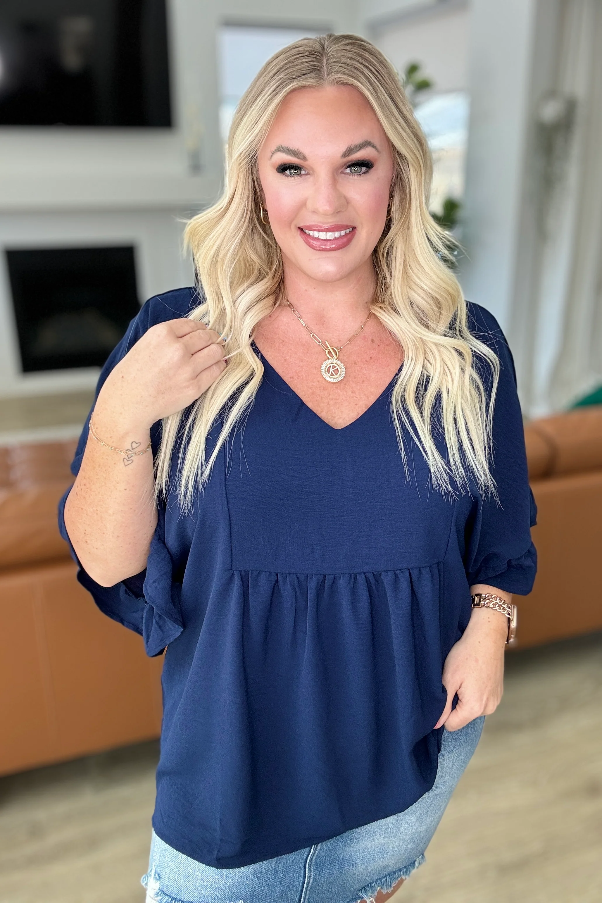 Airflow Peplum Ruffle Sleeve Top in Navy - 4/24/2024 - Image 3