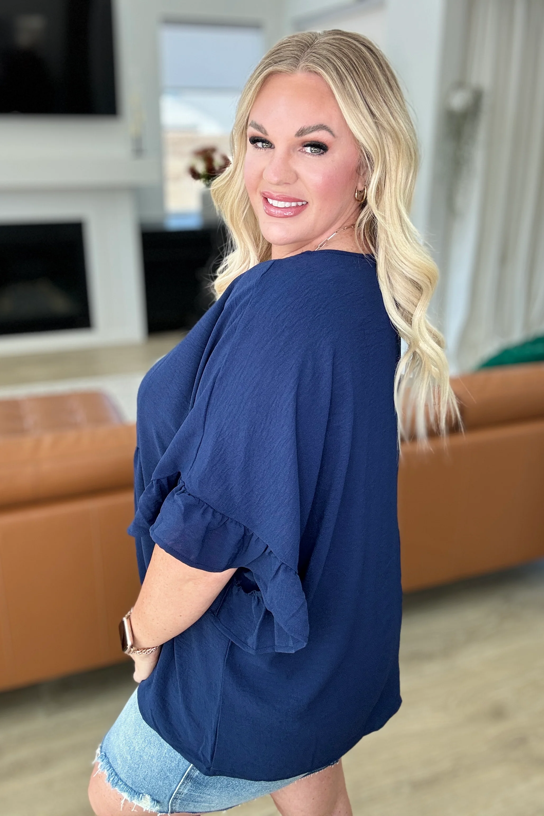 Airflow Peplum Ruffle Sleeve Top in Navy - 4/24/2024 - Image 5