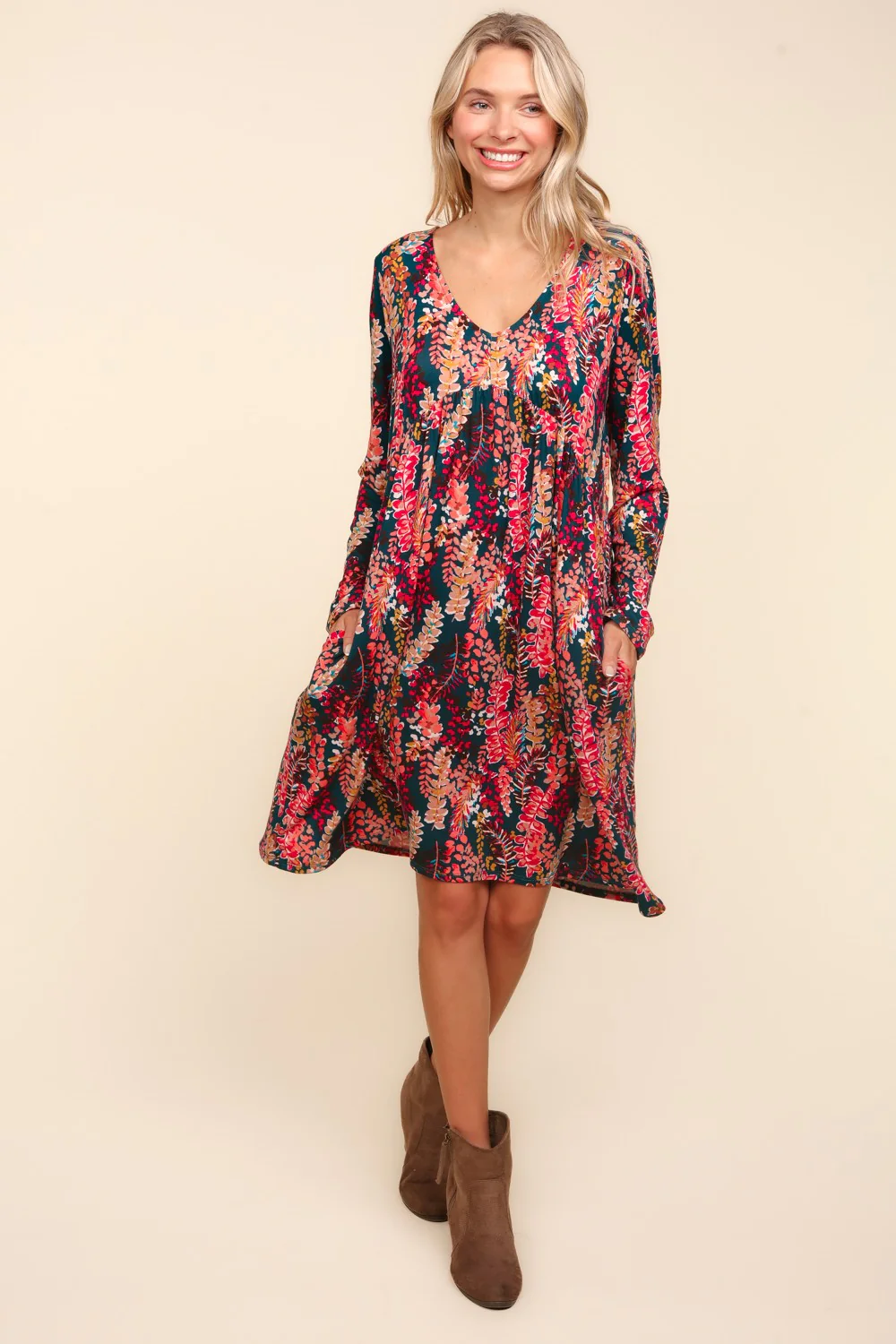 Babydoll Floral Knee Length Dress with Pockets in Hunter Green Berry - Image 2