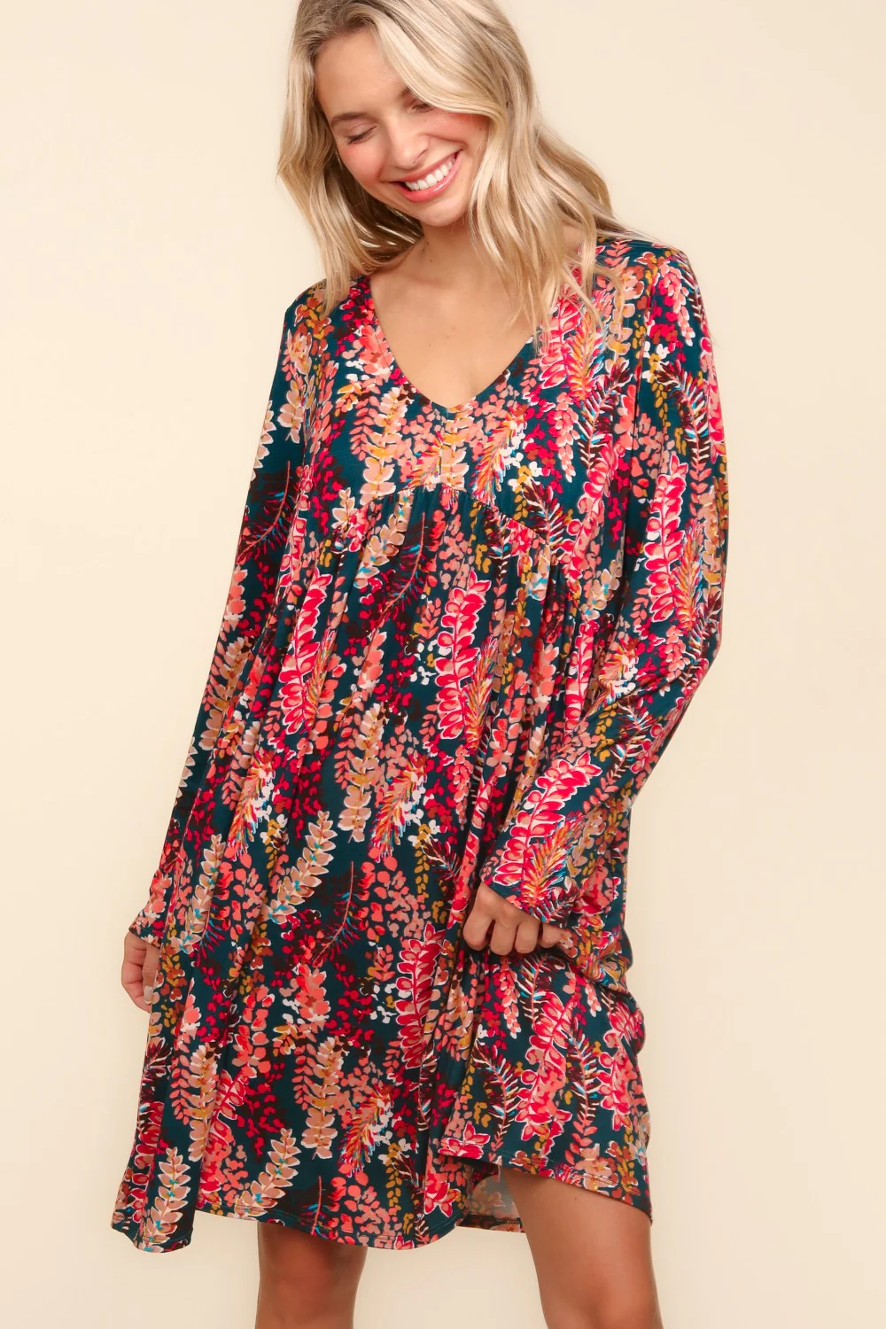 Babydoll Floral Knee Length Dress with Pockets in Hunter Green Berry - Image 3