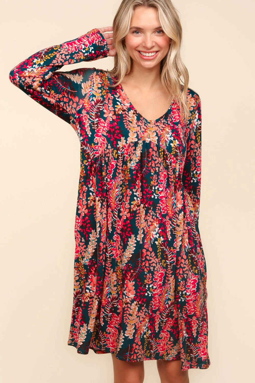 Babydoll Floral Knee Length Dress with Pockets in Hunter Green Berry - Image 4