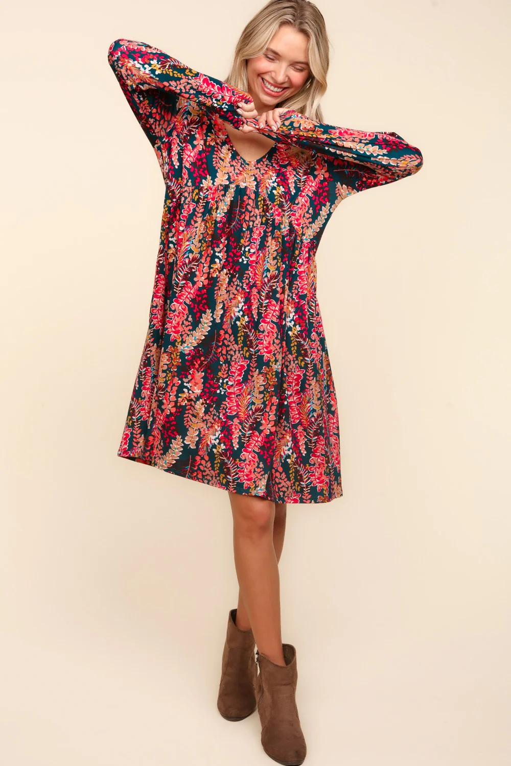 Babydoll Floral Knee Length Dress with Pockets in Hunter Green Berry - Image 5
