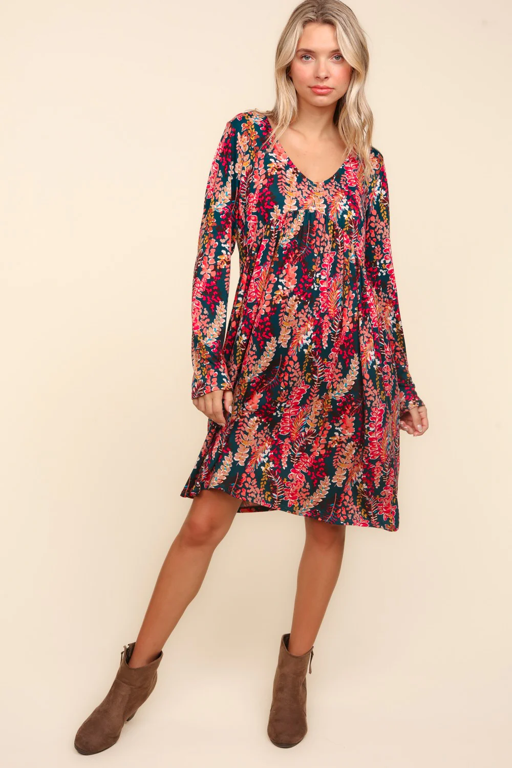 Babydoll Floral Knee Length Dress with Pockets in Hunter Green Berry - Image 6