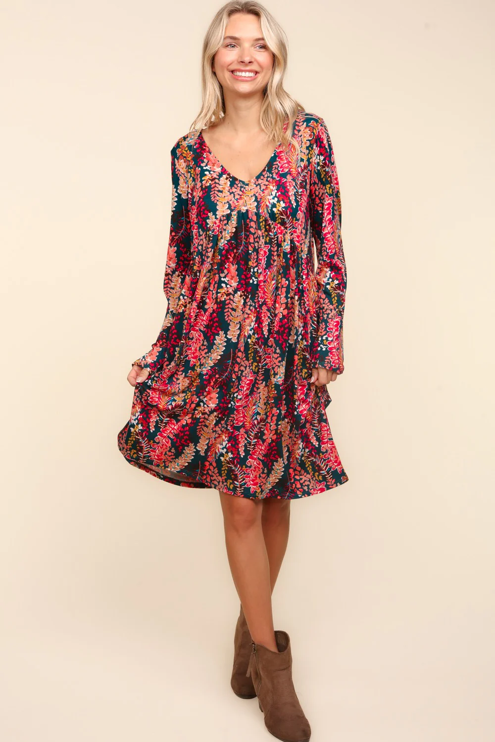 Babydoll Floral Knee Length Dress with Pockets in Hunter Green Berry - Image 7