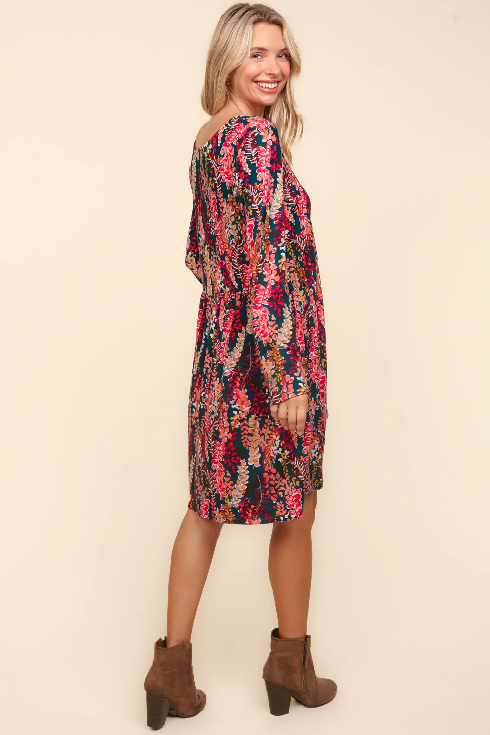 Babydoll Floral Knee Length Dress with Pockets in Hunter Green Berry - Image 8