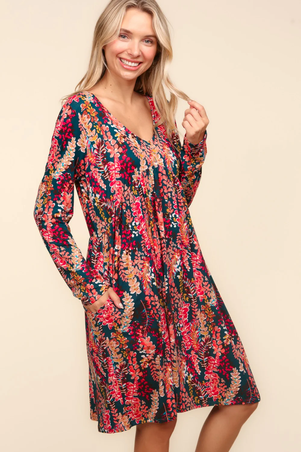 Babydoll Floral Knee Length Dress with Pockets in Hunter Green Berry - Image 9