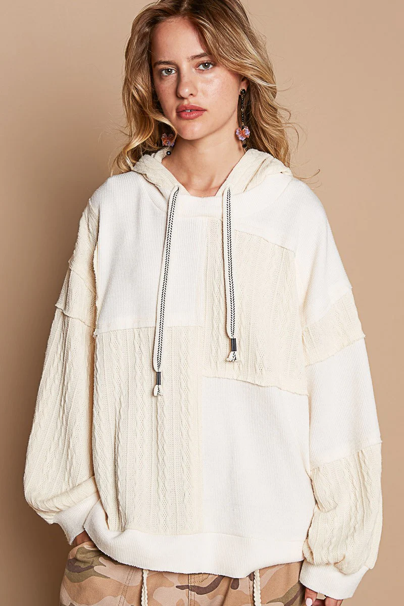 Balloon Sleeve Cut Sew Sweater Knit Top in Cream - Image 2