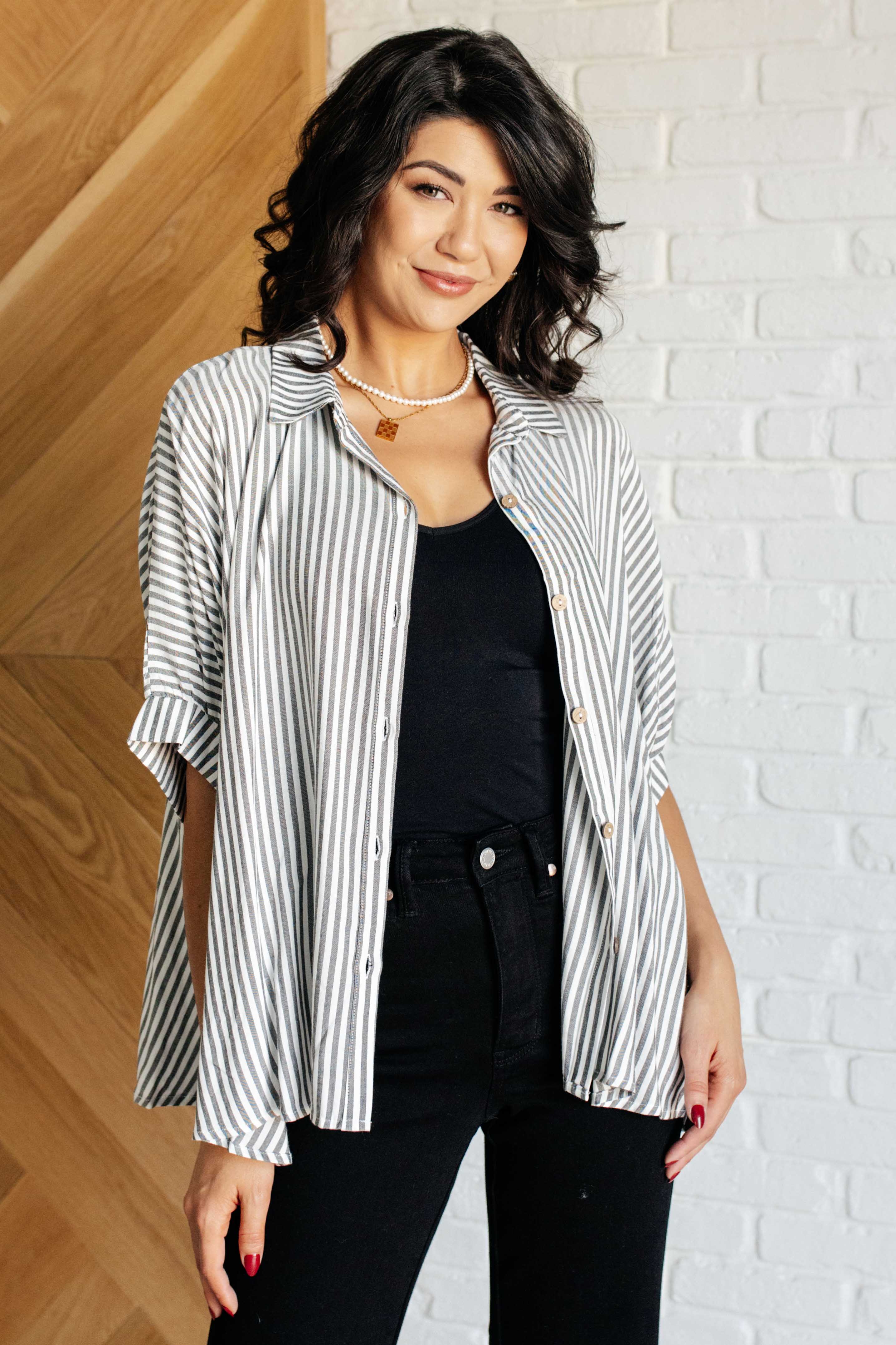 Boxy Striped Button Up in Black - 10/16/2024 - Image 2