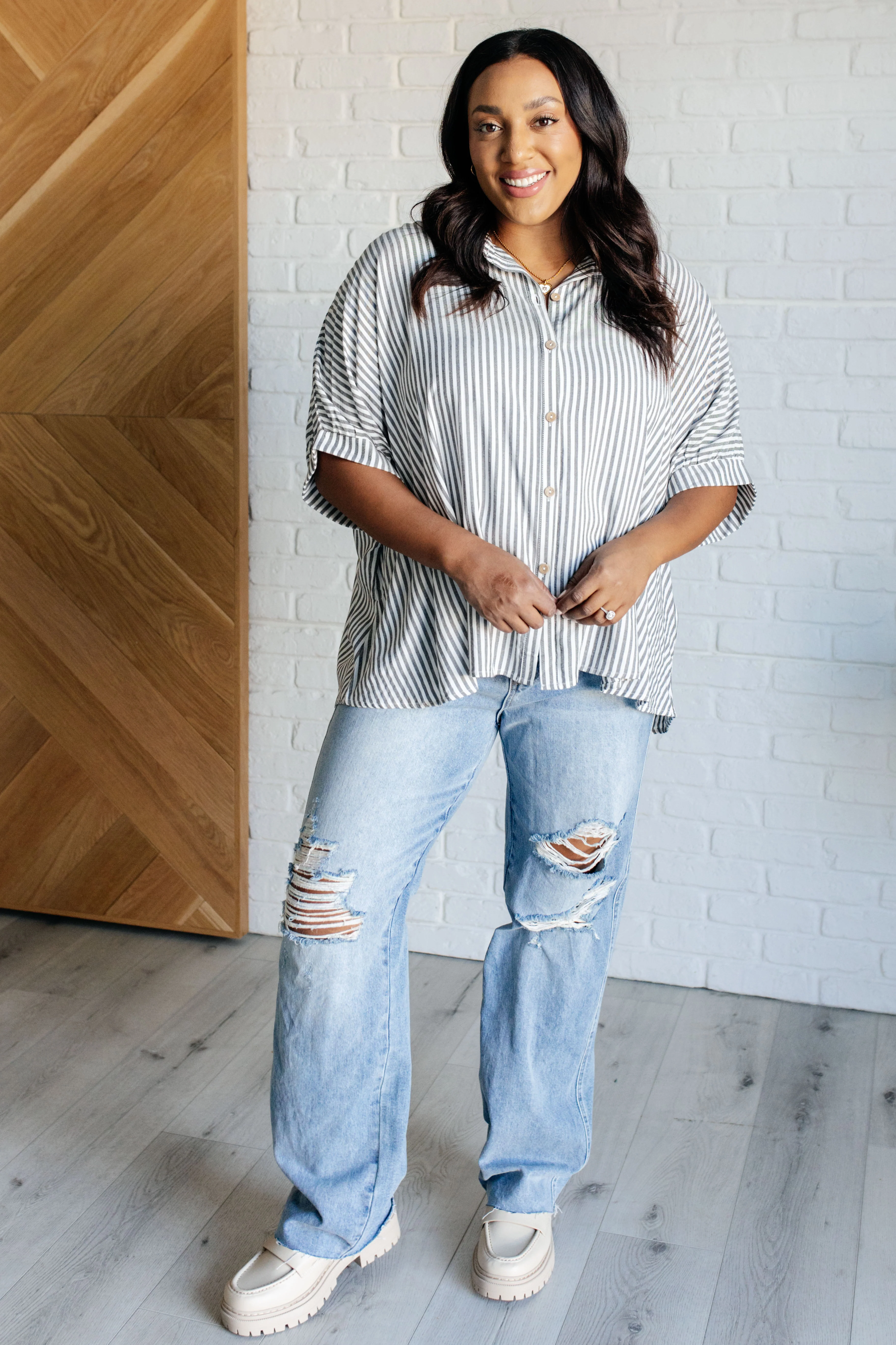 Boxy Striped Button Up in Black - 10/16/2024 - Image 3