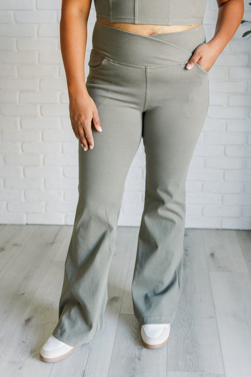 Building Habits Twill Flared Crossover Waist Pant in Dusty Olive - 9/19/2024 - Image 2
