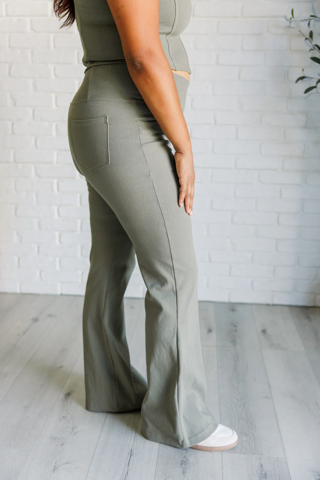 Building Habits Twill Flared Crossover Waist Pant in Dusty Olive - 9/19/2024 - Image 8
