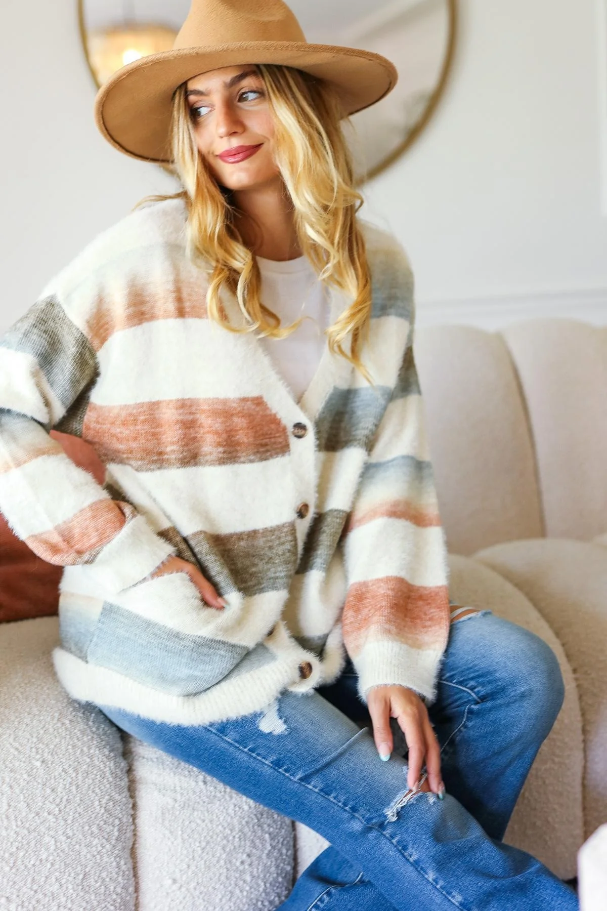 Button Down Stripe Soft Fuzzy Sweater Cardigan - Image 7