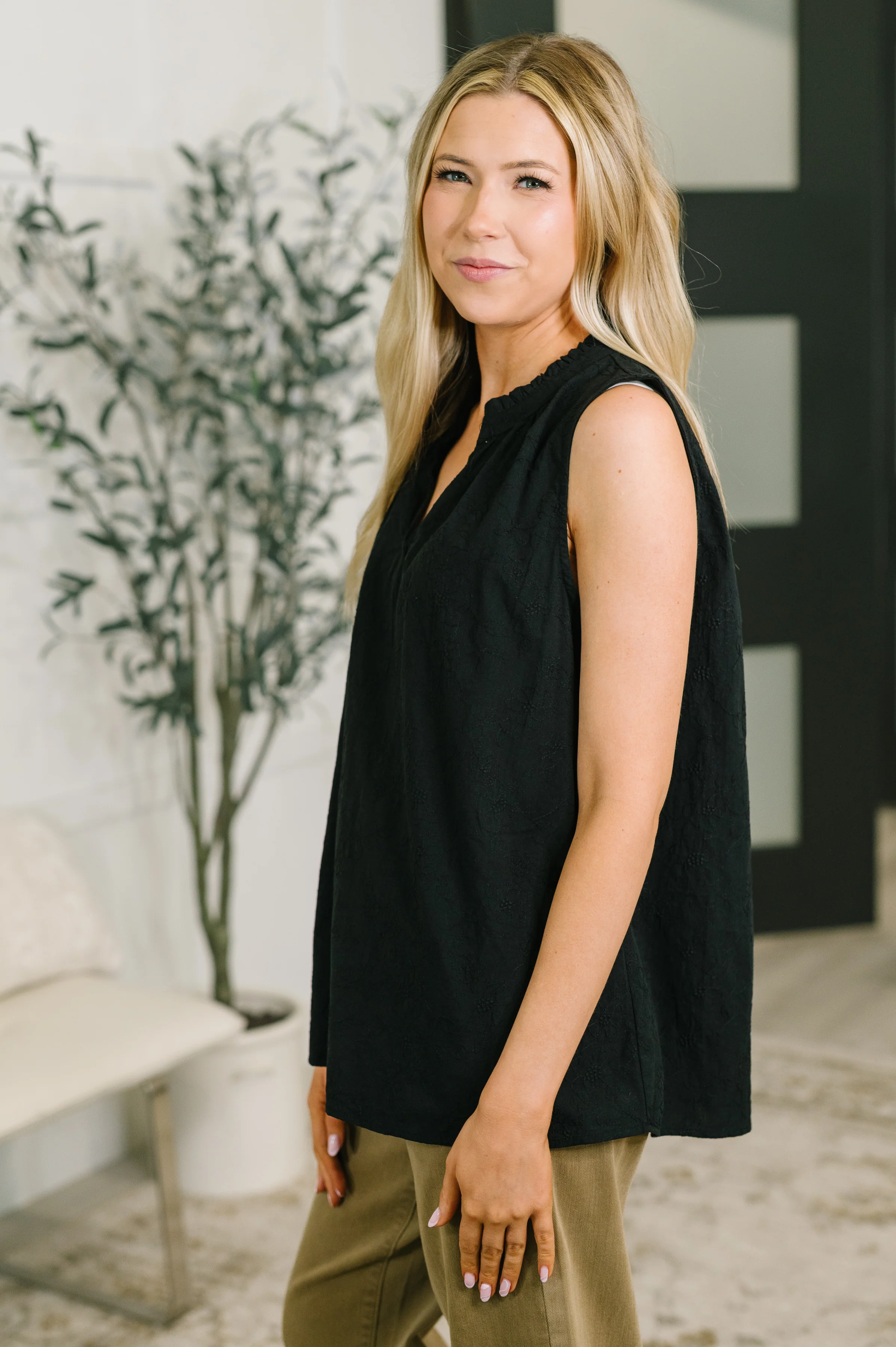Camellia Split Neck Embroidered Tank in Black - 7/14/2026 - Image 4