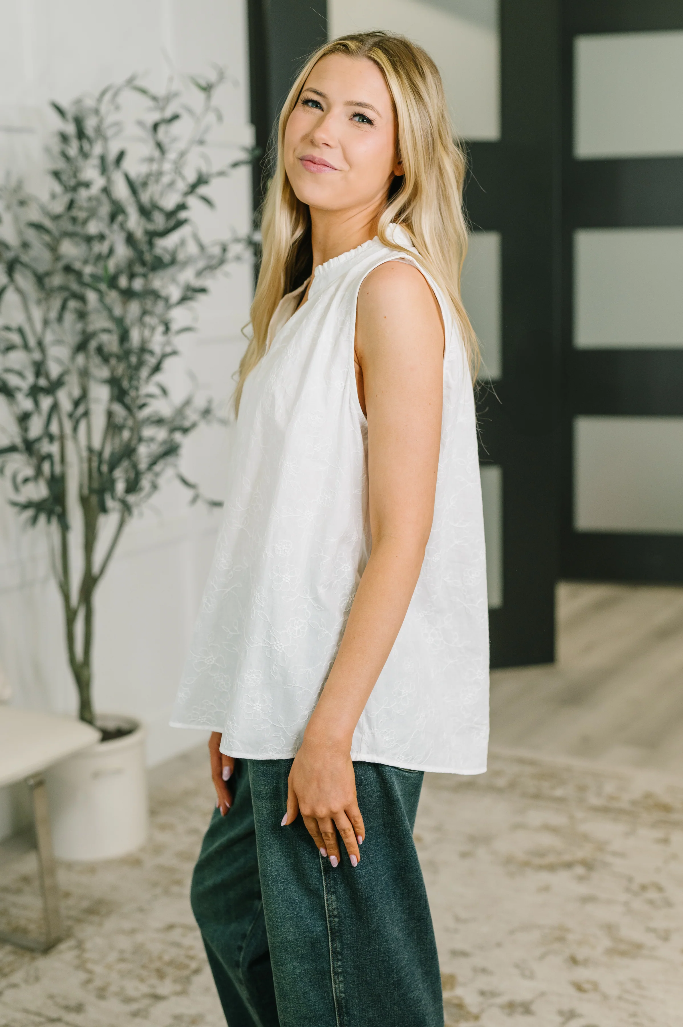Camellia Split Neck Embroidered Tank in Off White - 7/14/2026 - Image 3