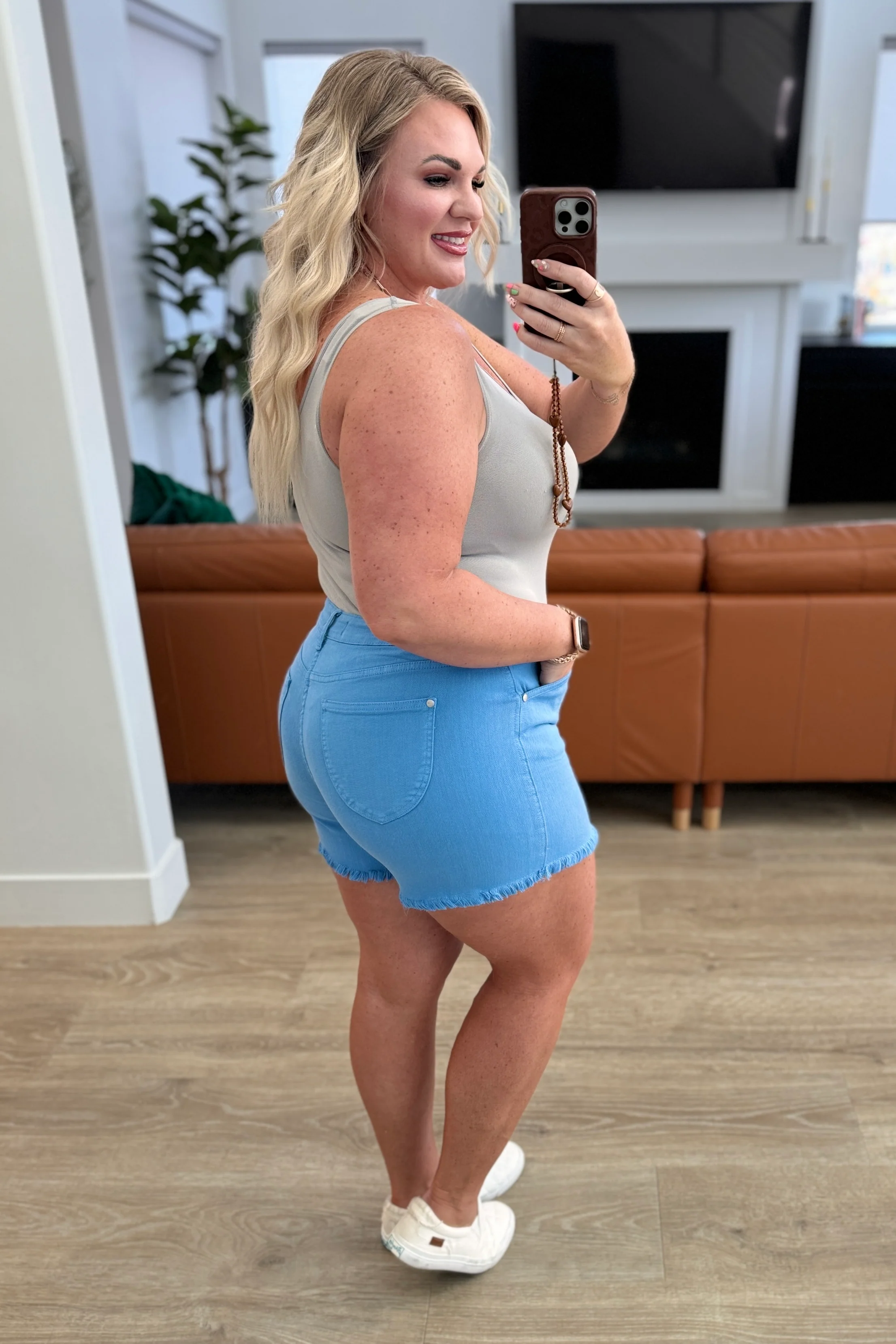 Celeste Mid Rise Shield Pocket Cutoff Shorts in Sky Blue - 3/11/2025 - Image 13