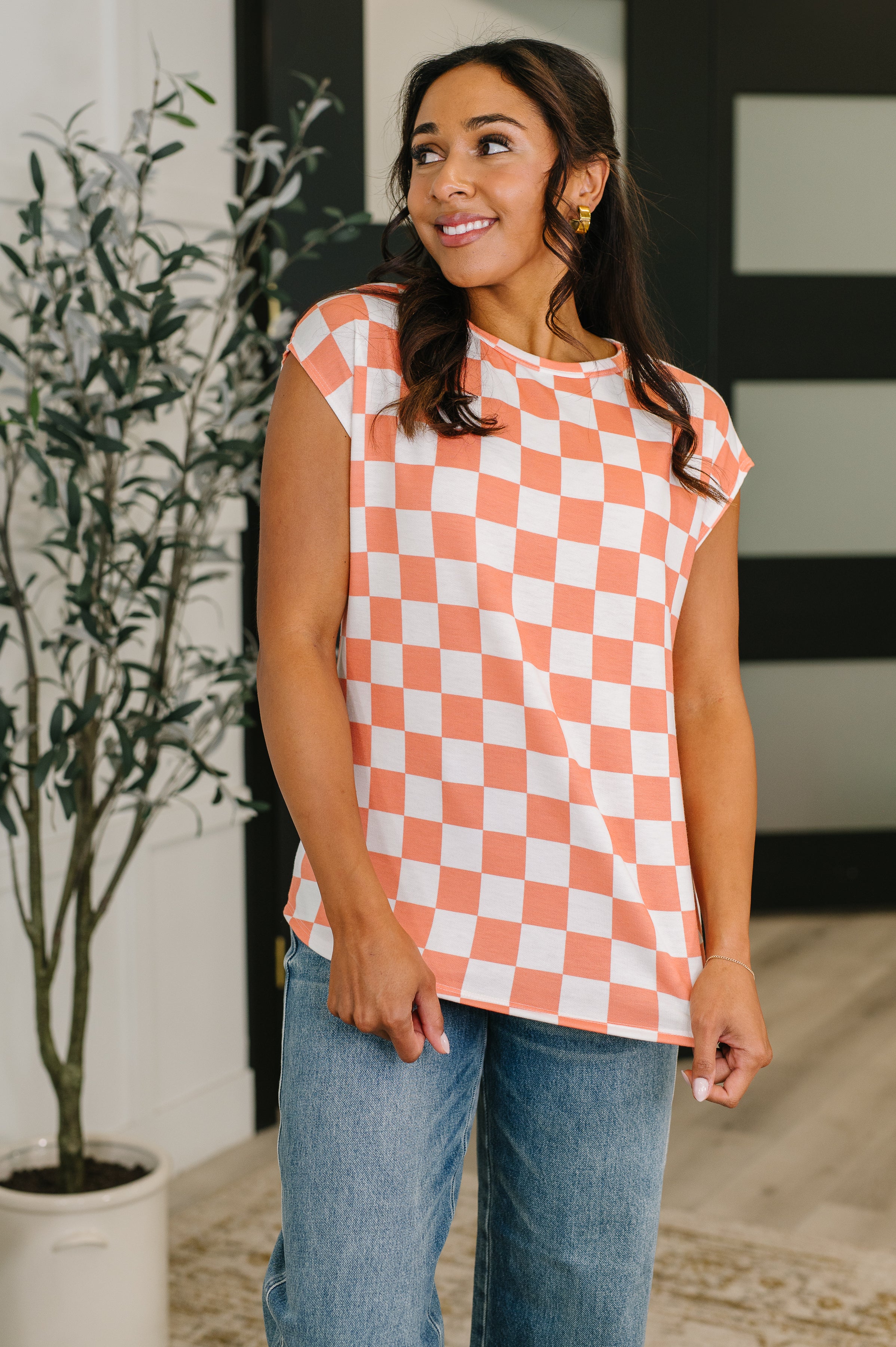 Check Hers Round Neck Top in Orange - 4/14/2026 NEW