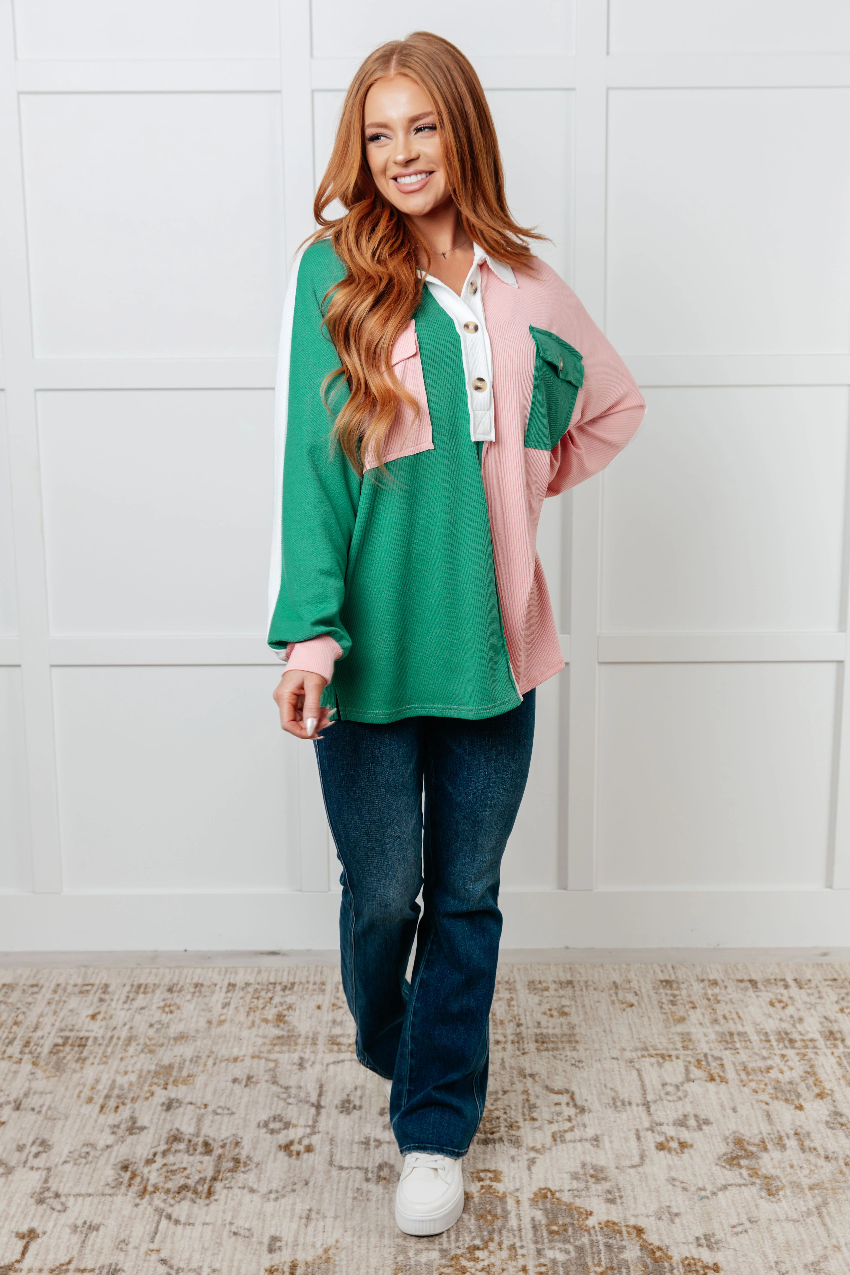 Chip Off the Old Colorblock V-Neck Henley in Green  - 1/16/2025 - Image 3