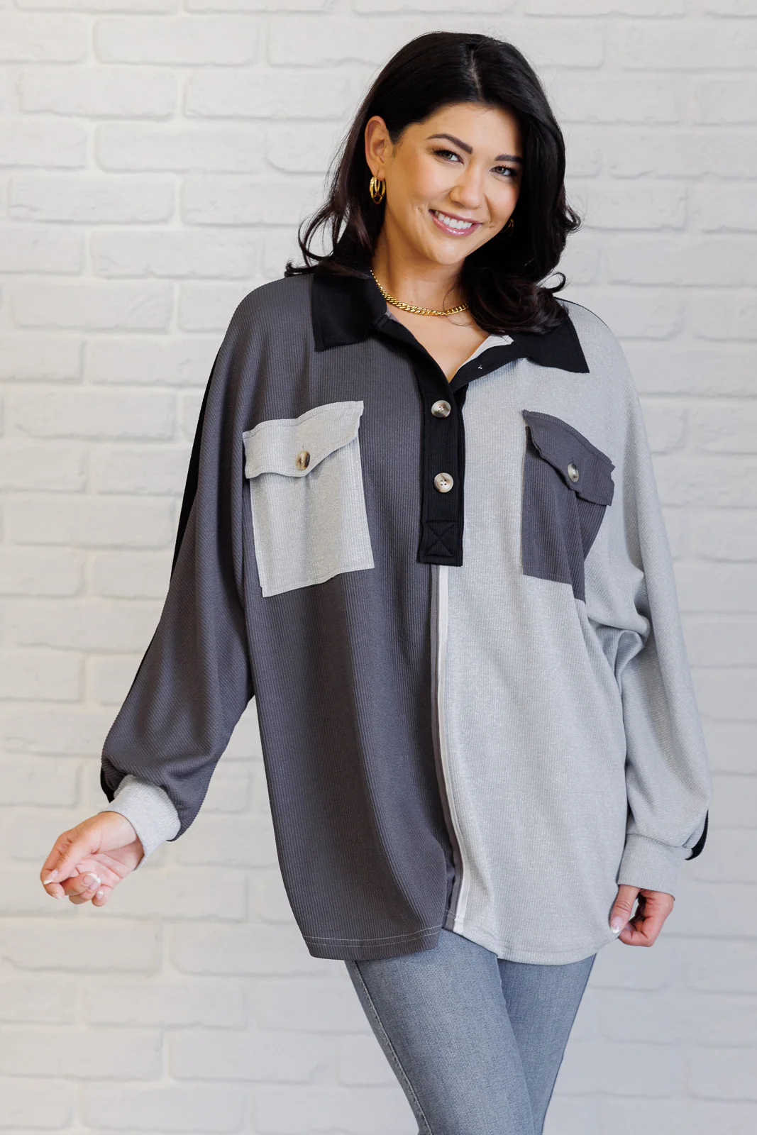 Chip Off the Old Colorblock V-Neck Henley in Grey - 1/16/2025 - Image 3