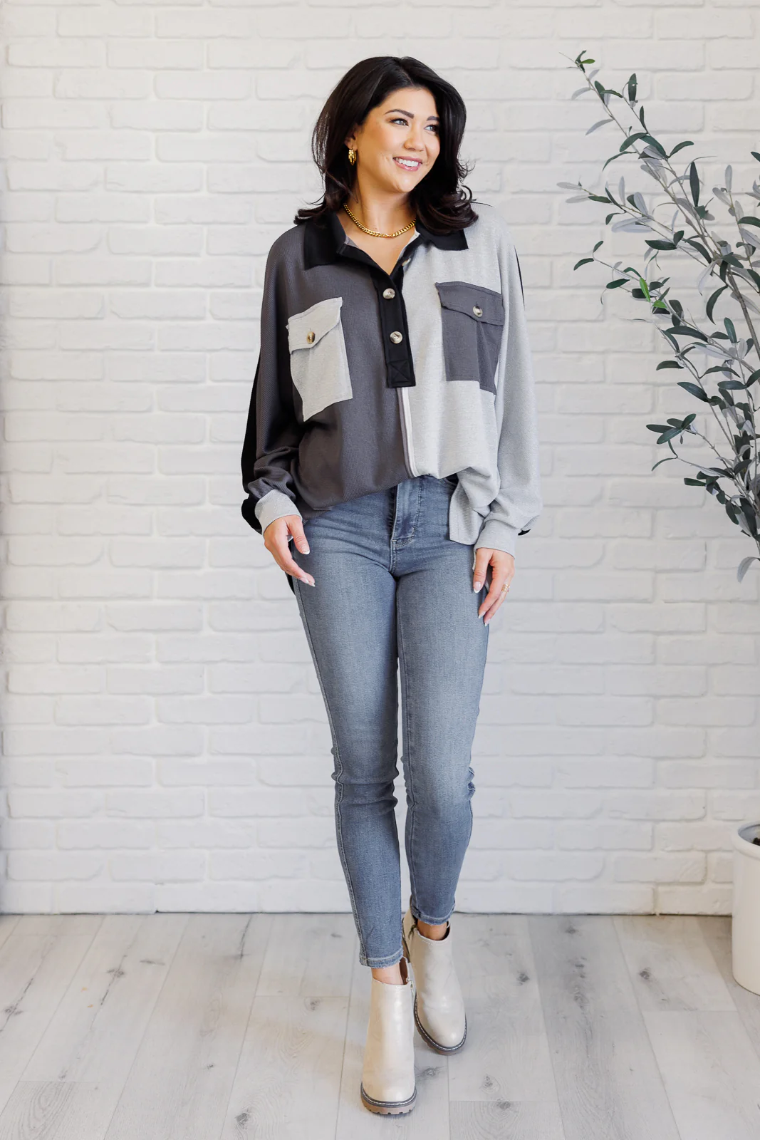 Chip Off the Old Colorblock V-Neck Henley in Grey - 1/16/2025 - Image 4