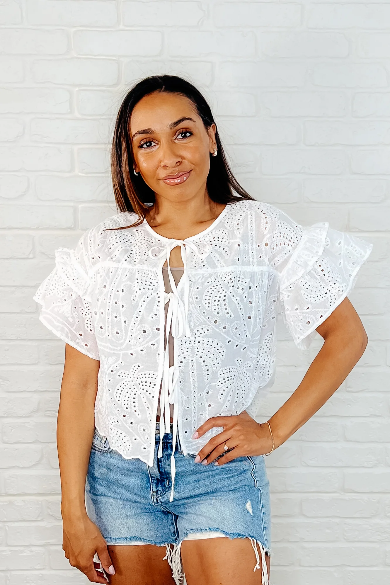 Classy As Heck Eyelet Front Tie Top in Off White - 4/1/2025 - Image 3