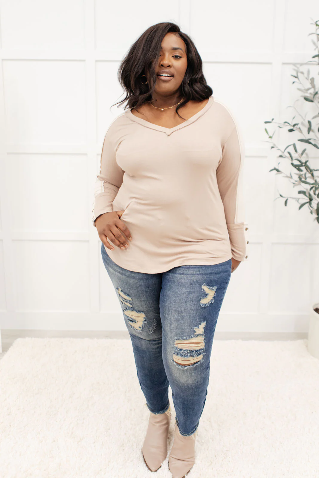 Coffee Date V Neck Top In Taupe - 1/4/2022 - Image 6
