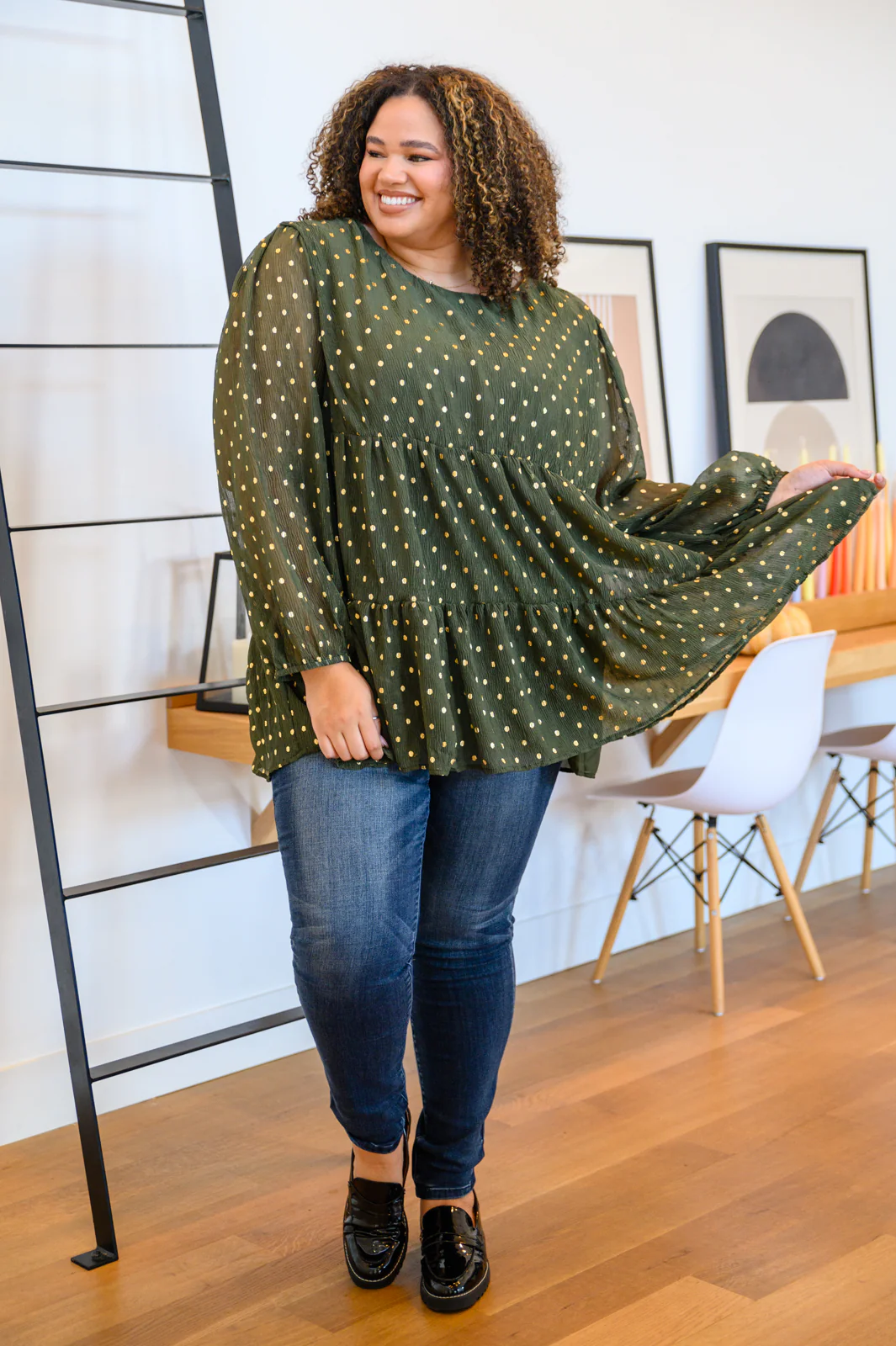 Coya Metallic Dot Tiered Blouse in Olive - 12/1/2022 - Image 3