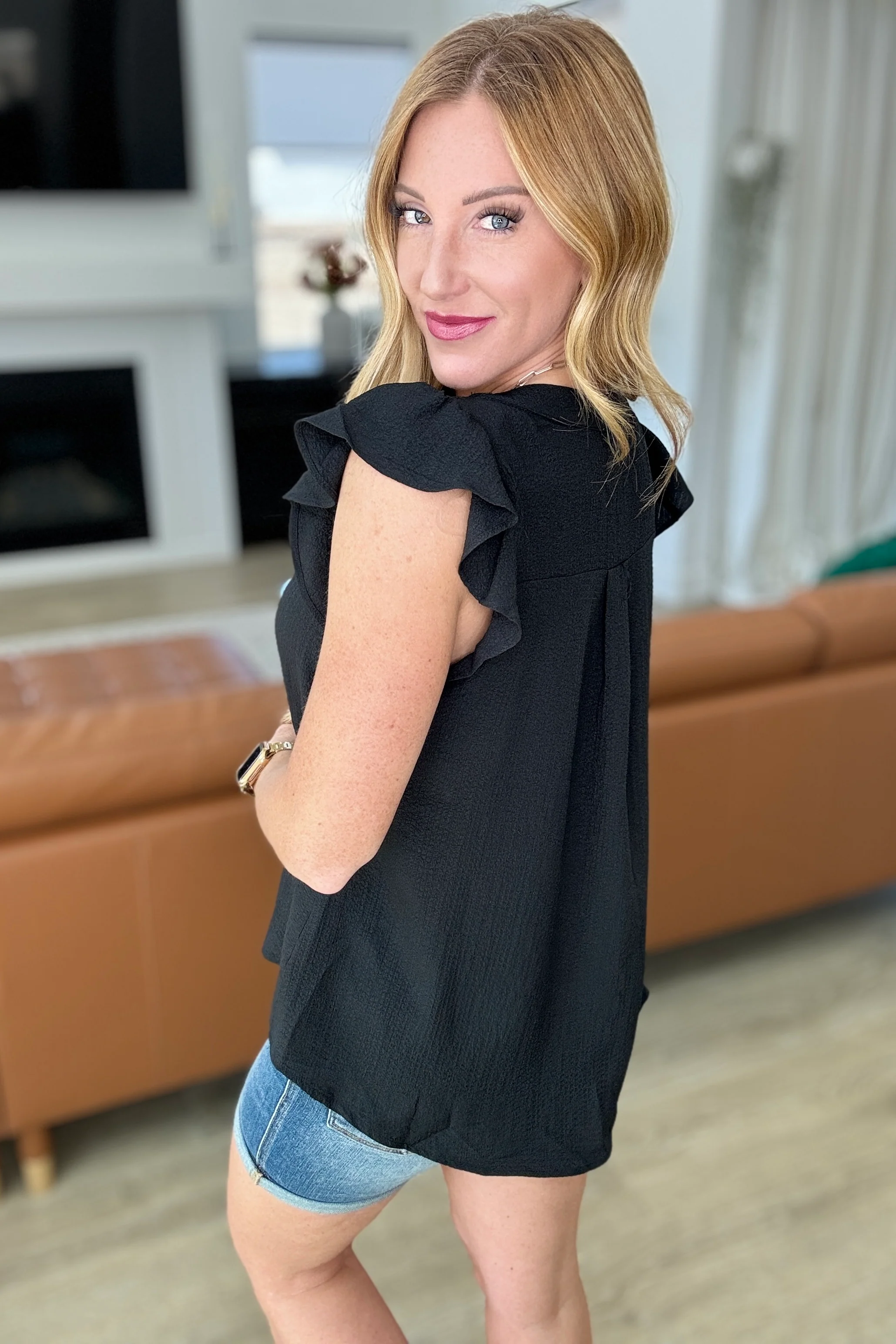 Crinkle Split Neckline Flutter Sleeve Top In Black - 4/24/2024 - Image 4