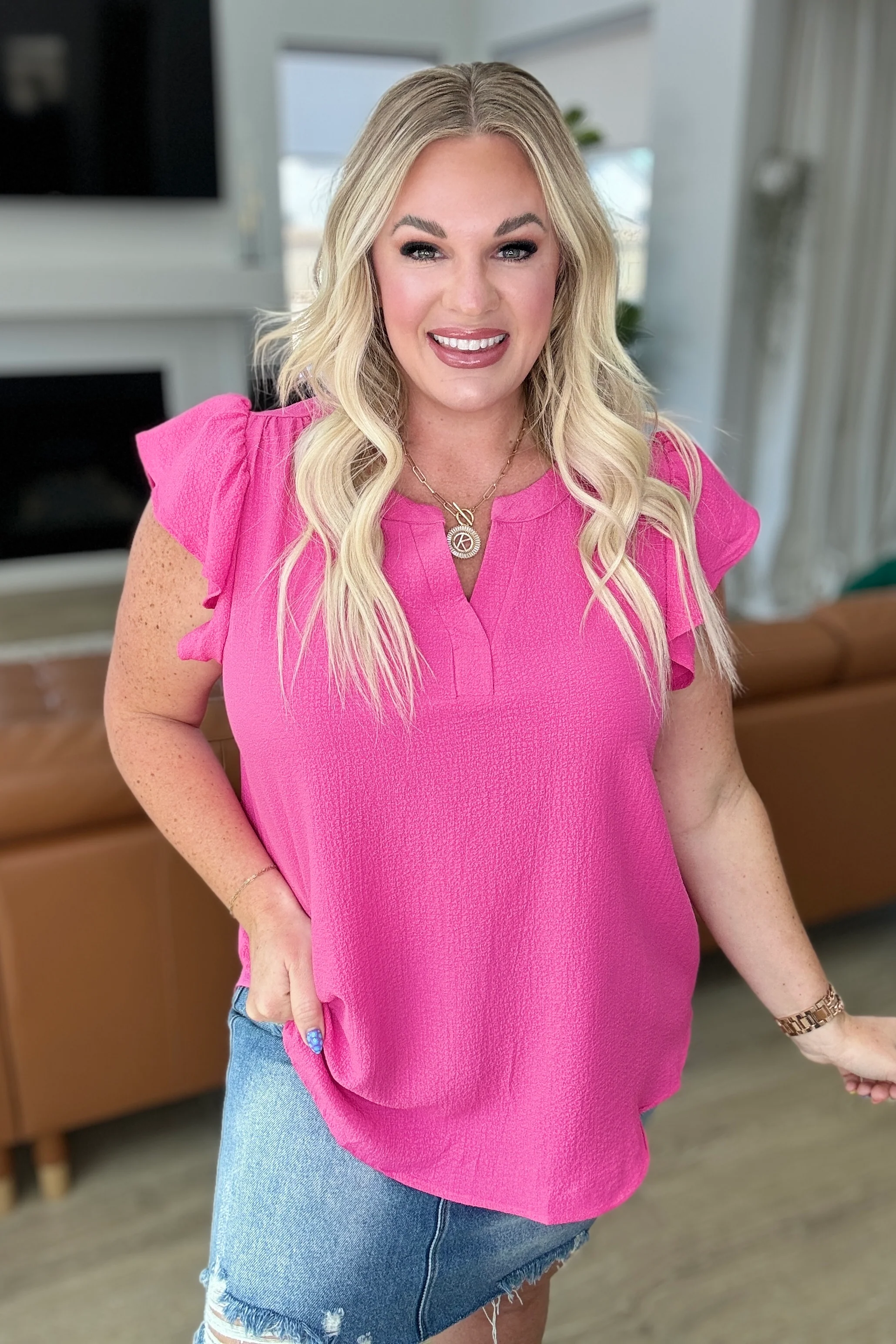 Crinkle Split Neckline Flutter Sleeve Top in Hot Pink - 4/24/2024