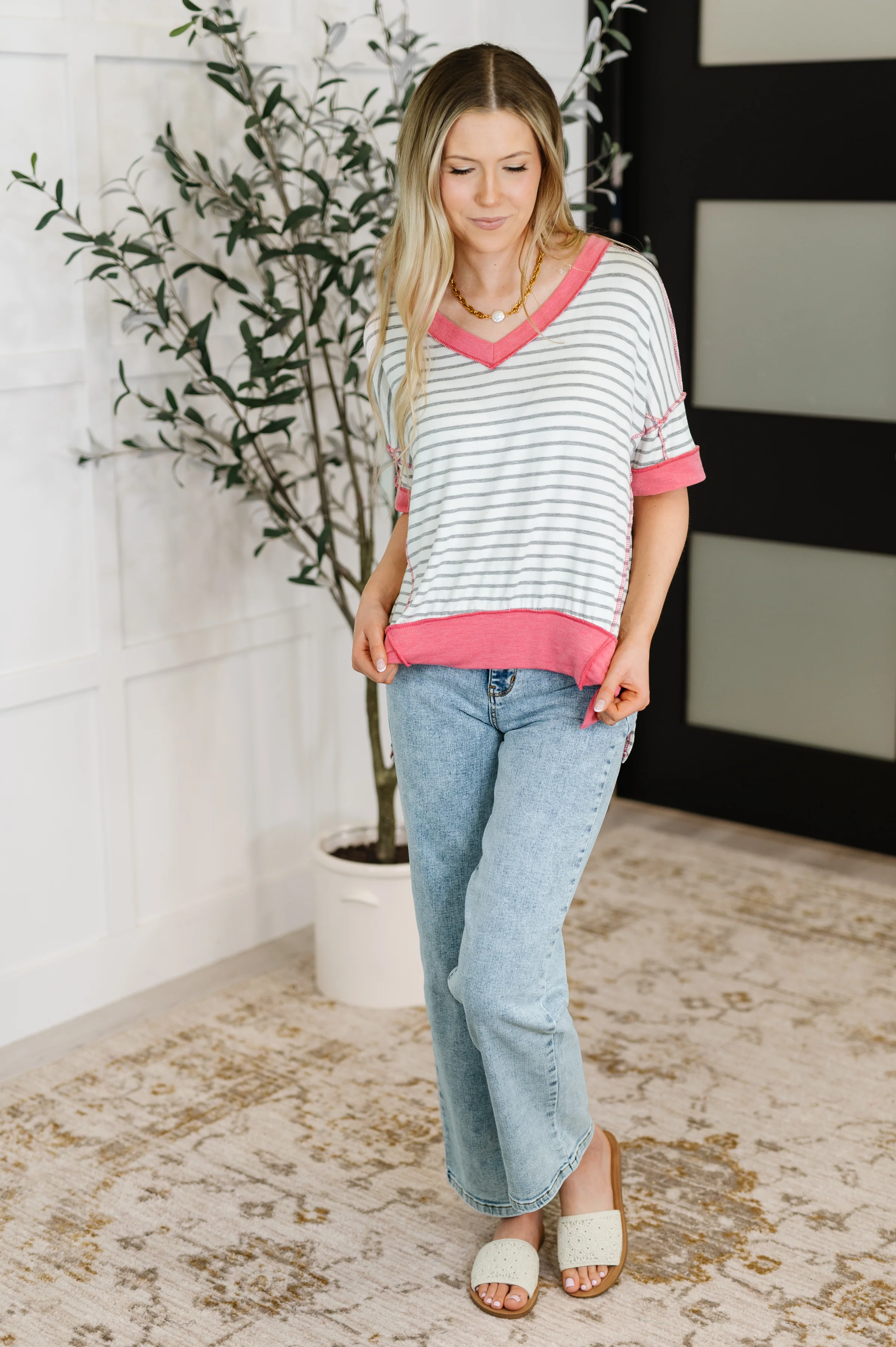 Dressed to Chill V-Neck Top in Heather/Grey/Ivory/Pink - 4/20/2026 - Image 3