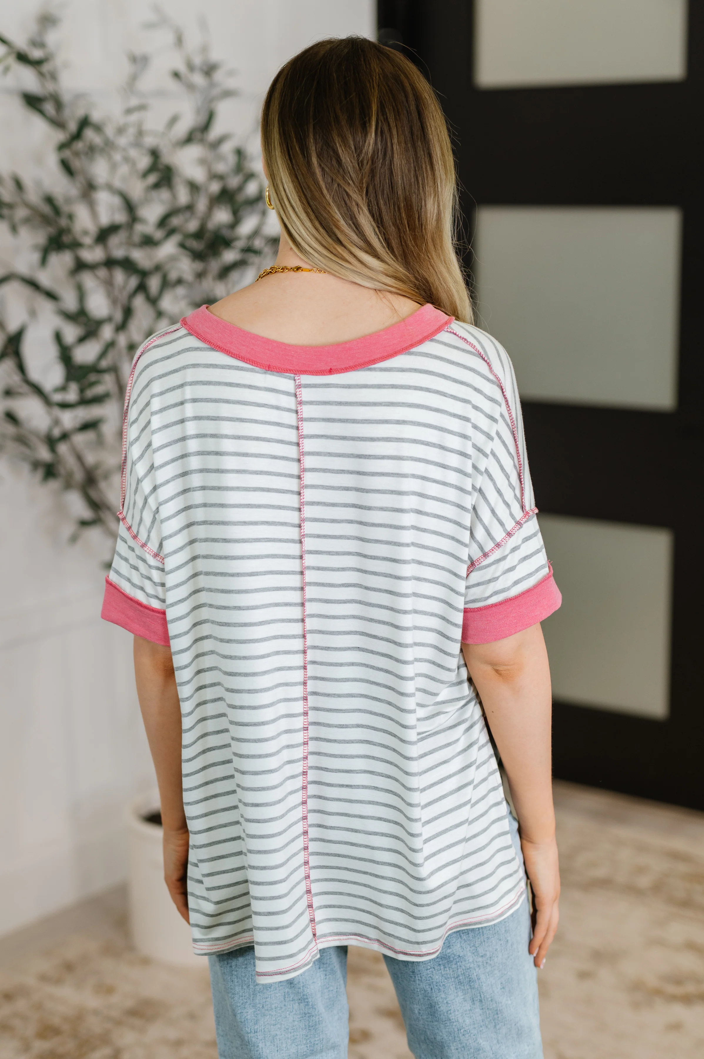 Dressed to Chill V-Neck Top in Heather/Grey/Ivory/Pink - 4/20/2026 - Image 5
