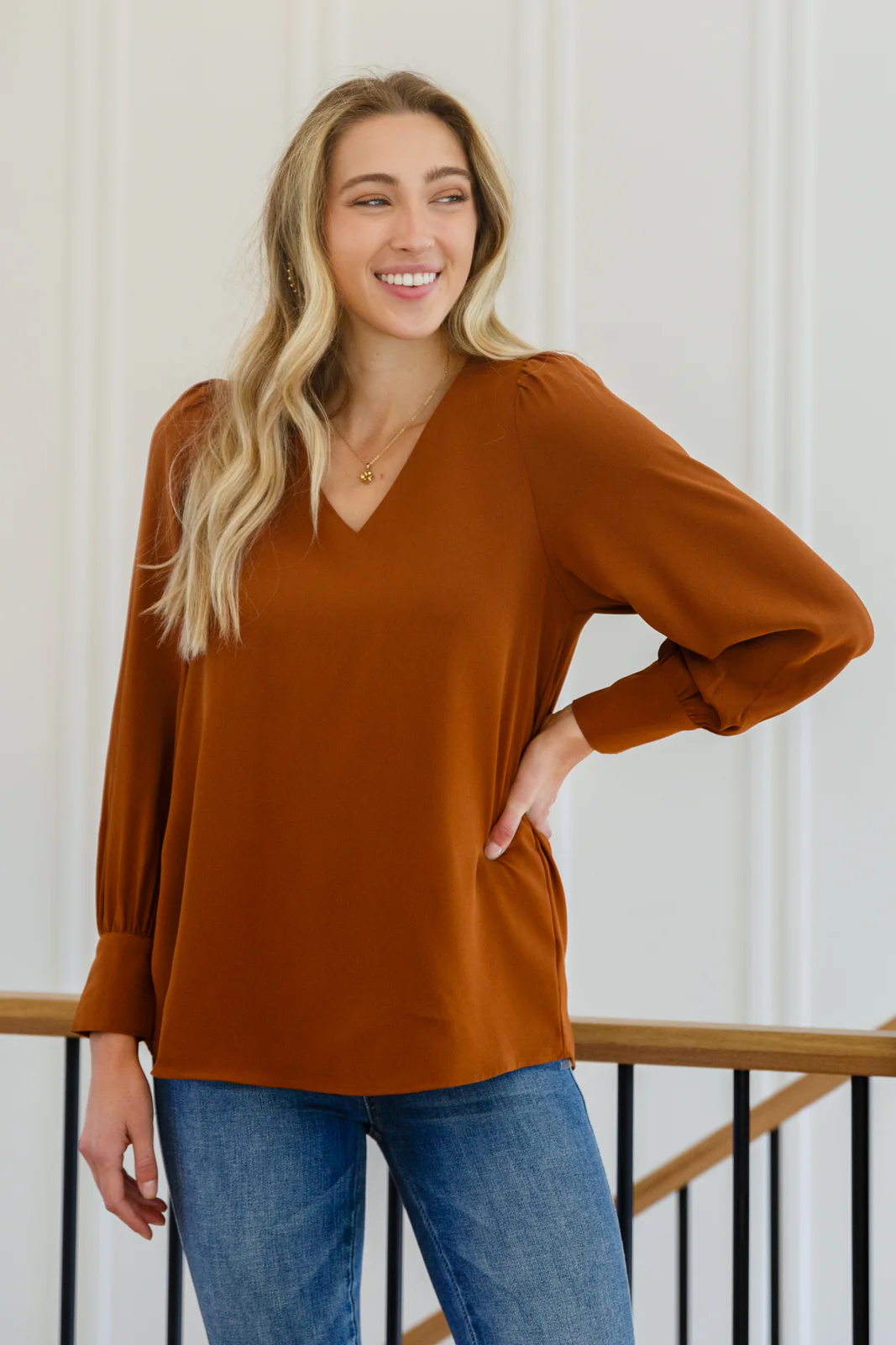 Enjoy This Moment V Neck Blouse In Toffee - 11/8/2022 - Image 2