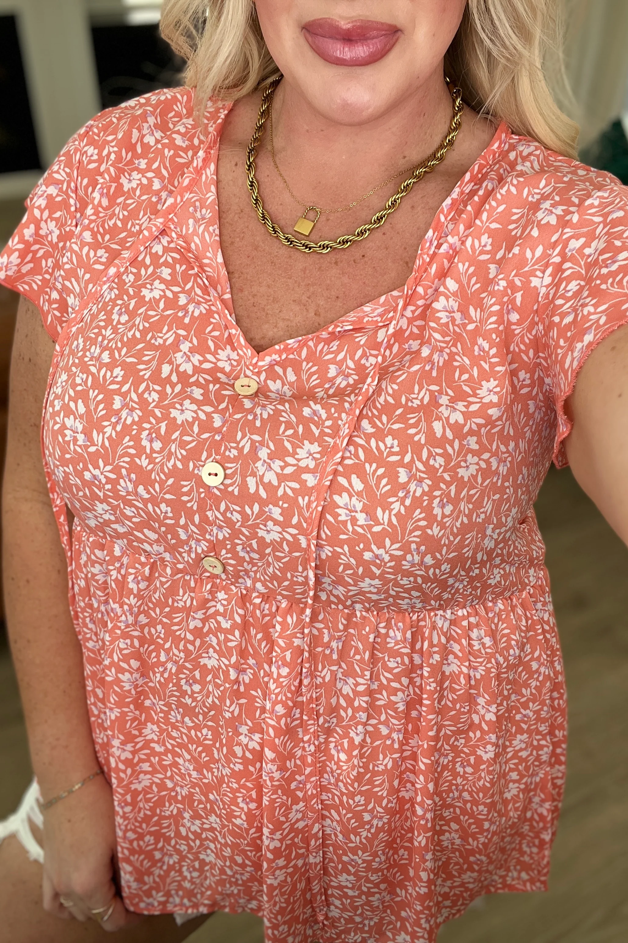 Flirty and Thriving Floral Flutter Sleeve Top in Peach - 3/7/2024 - Image 5