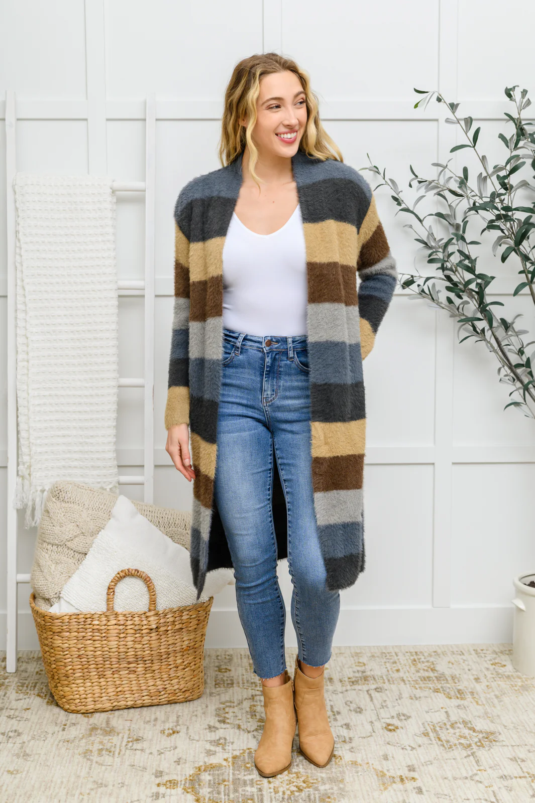 Fuzzy Longline Cardigan In Blue & Cocoa - 11/25/2022 - Image 2
