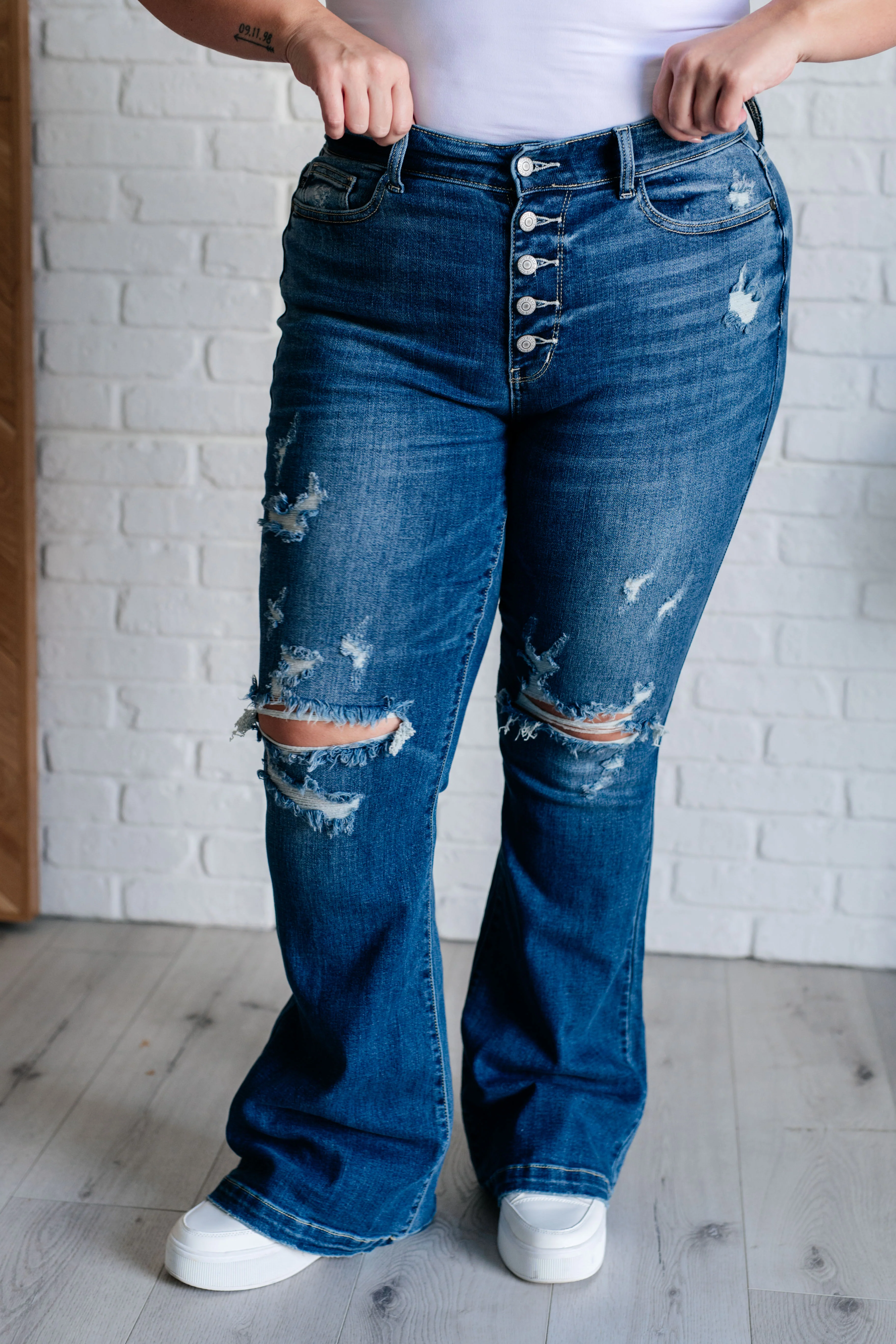 Gabriella Mid Rise Distressed Button Fly Flare Jeans - 9/18/2024 - Image 4