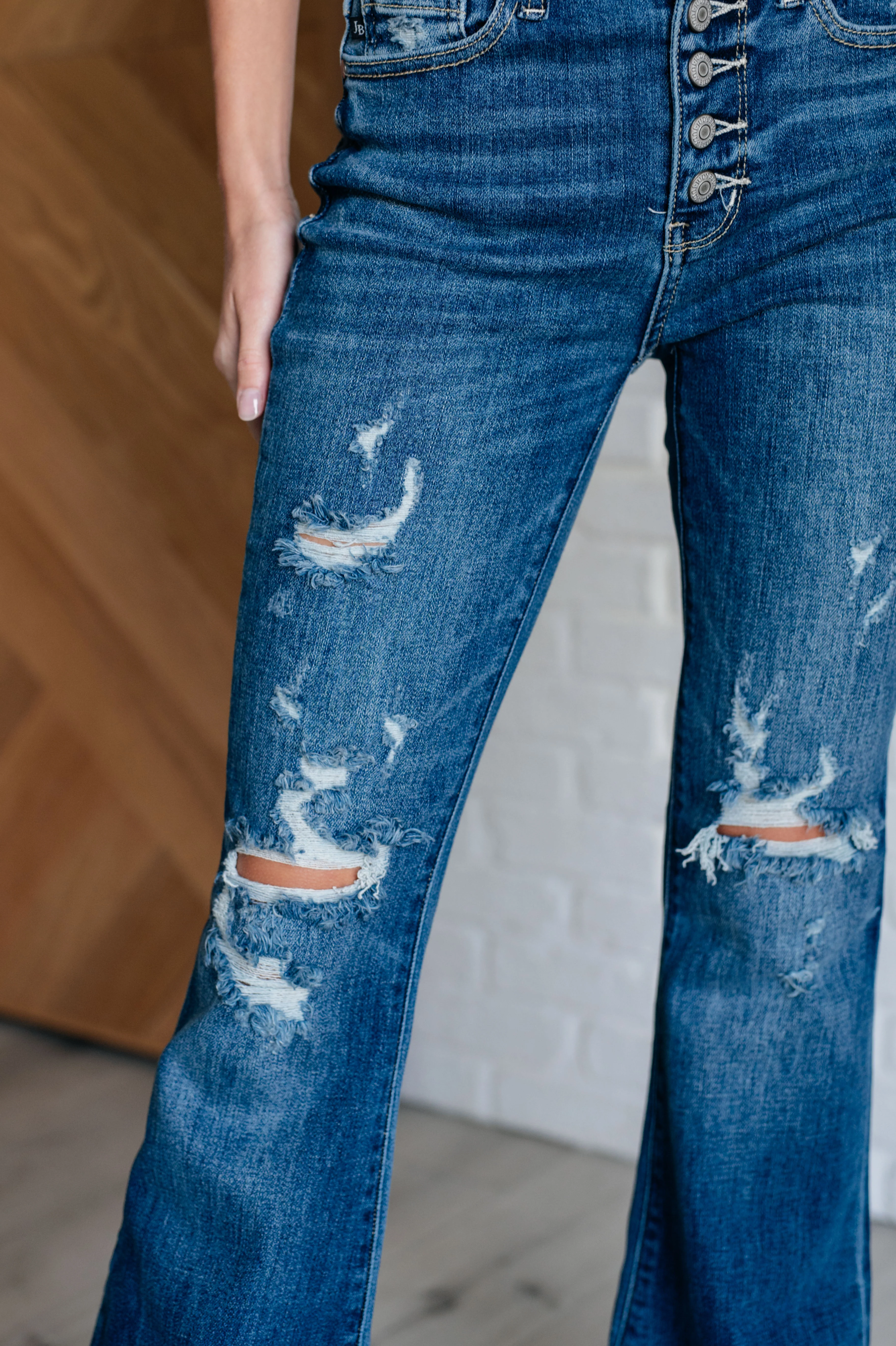 Gabriella Mid Rise Distressed Button Fly Flare Jeans - 9/18/2024 - Image 7