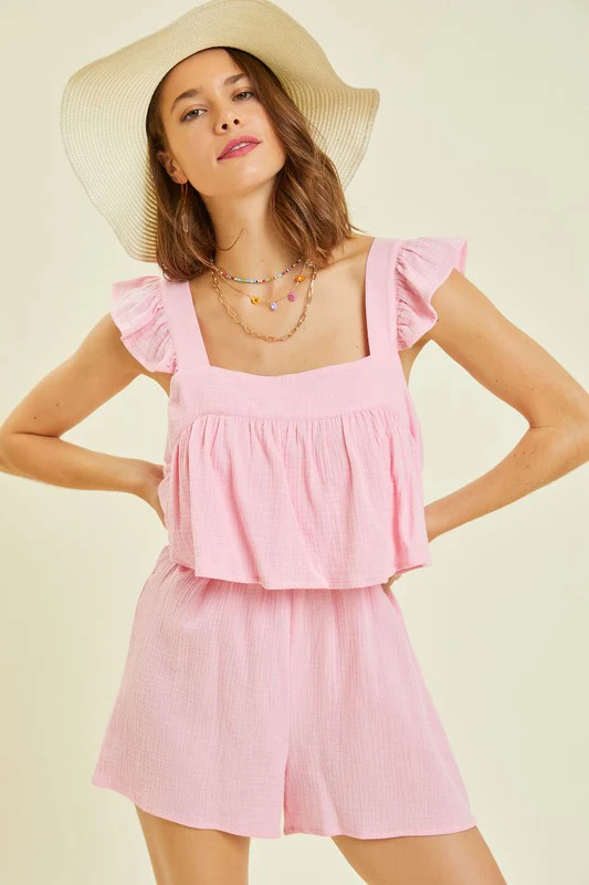 Gauze Square Neck Romper with Mini Ruffles on the Shoulder in Pink - Image 4