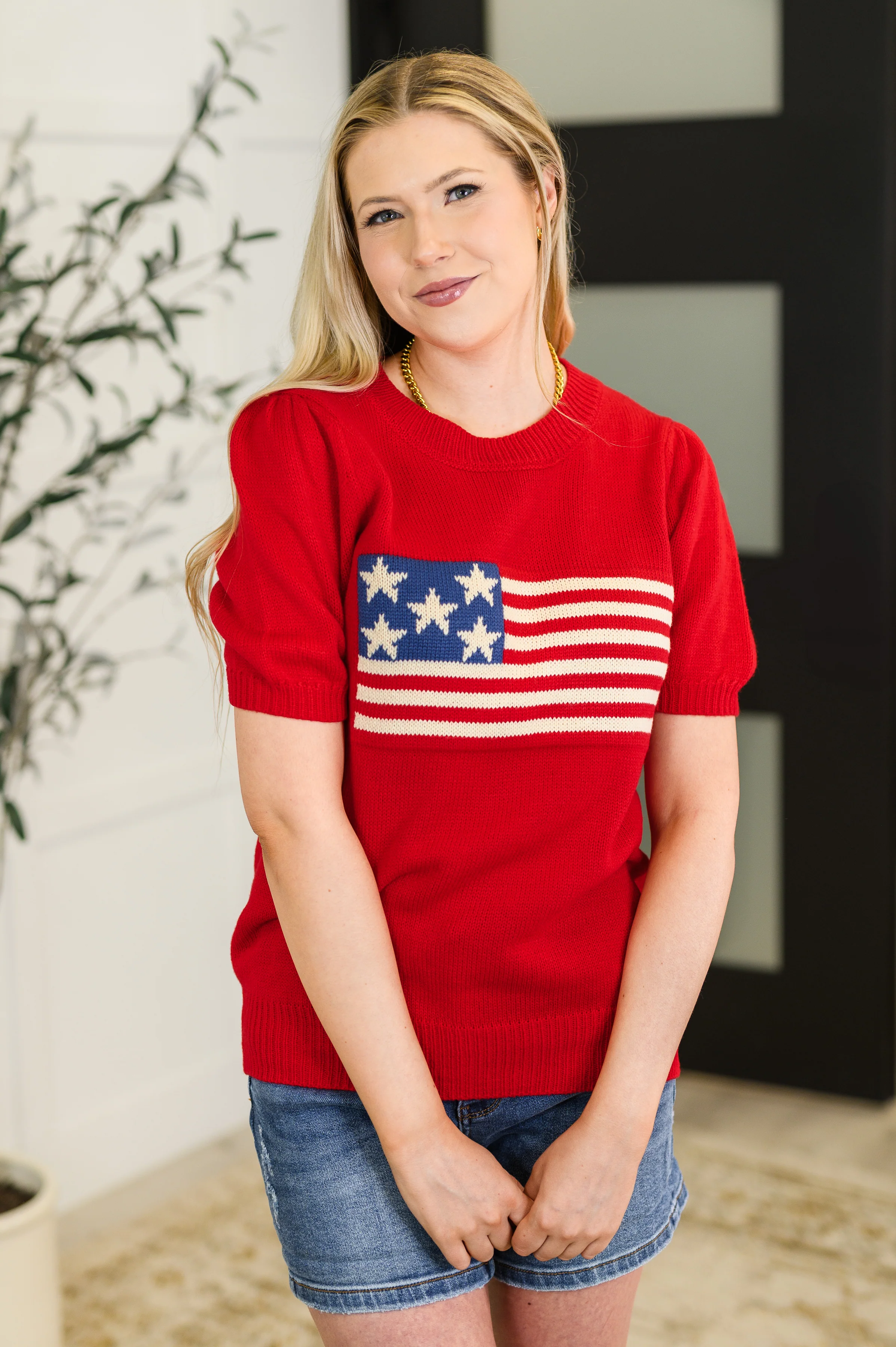 Hand Over Heart Graphic Knit Top in Red - 5/4/2026