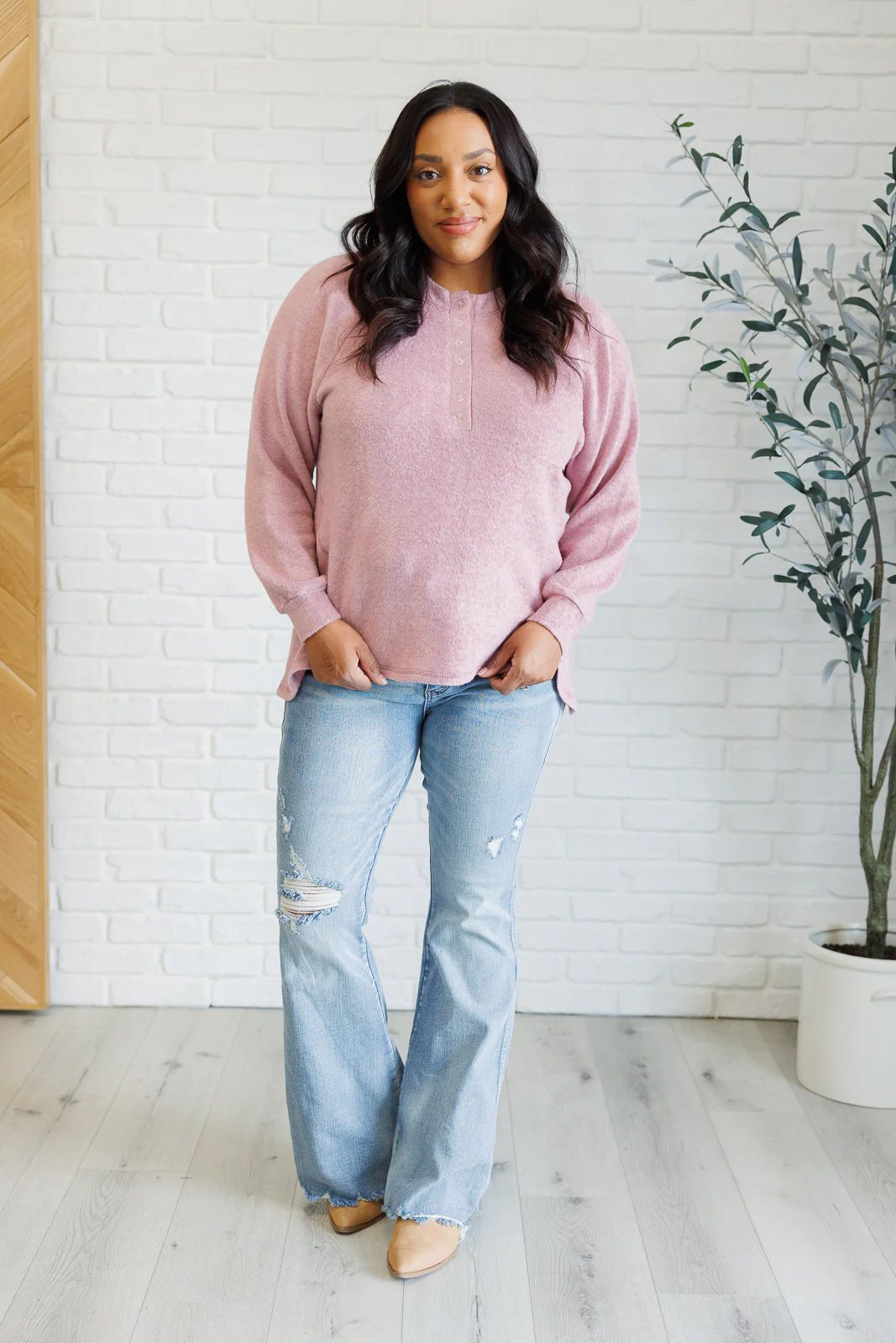 Keeping it Real Brushed Melange Hacci Long Sleeve Tee in Light Rose - 11/20/2024 - Image 5