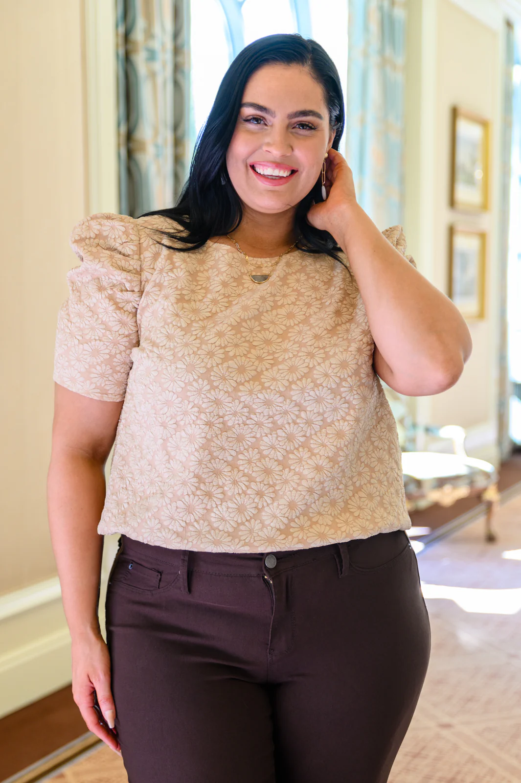 Kelsi Jacquard Puff Sleeve Top In Tan - 10/25/2022 - Image 13