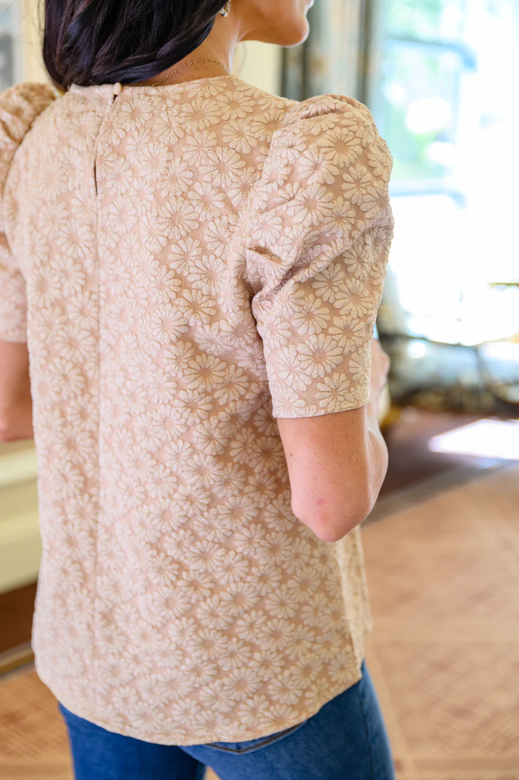 Kelsi Jacquard Puff Sleeve Top In Tan - 10/25/2022 - Image 7