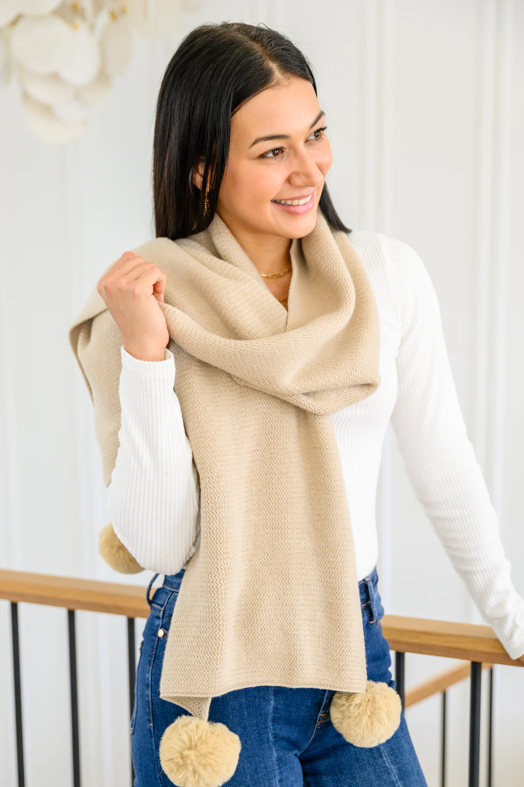 Knitted Fuzzy Pom Pom Scarf In Beige - 10/4/2022 - Image 2