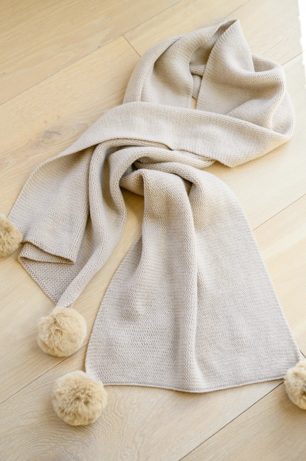 Knitted Fuzzy Pom Pom Scarf In Beige - 10/4/2022 - Image 3