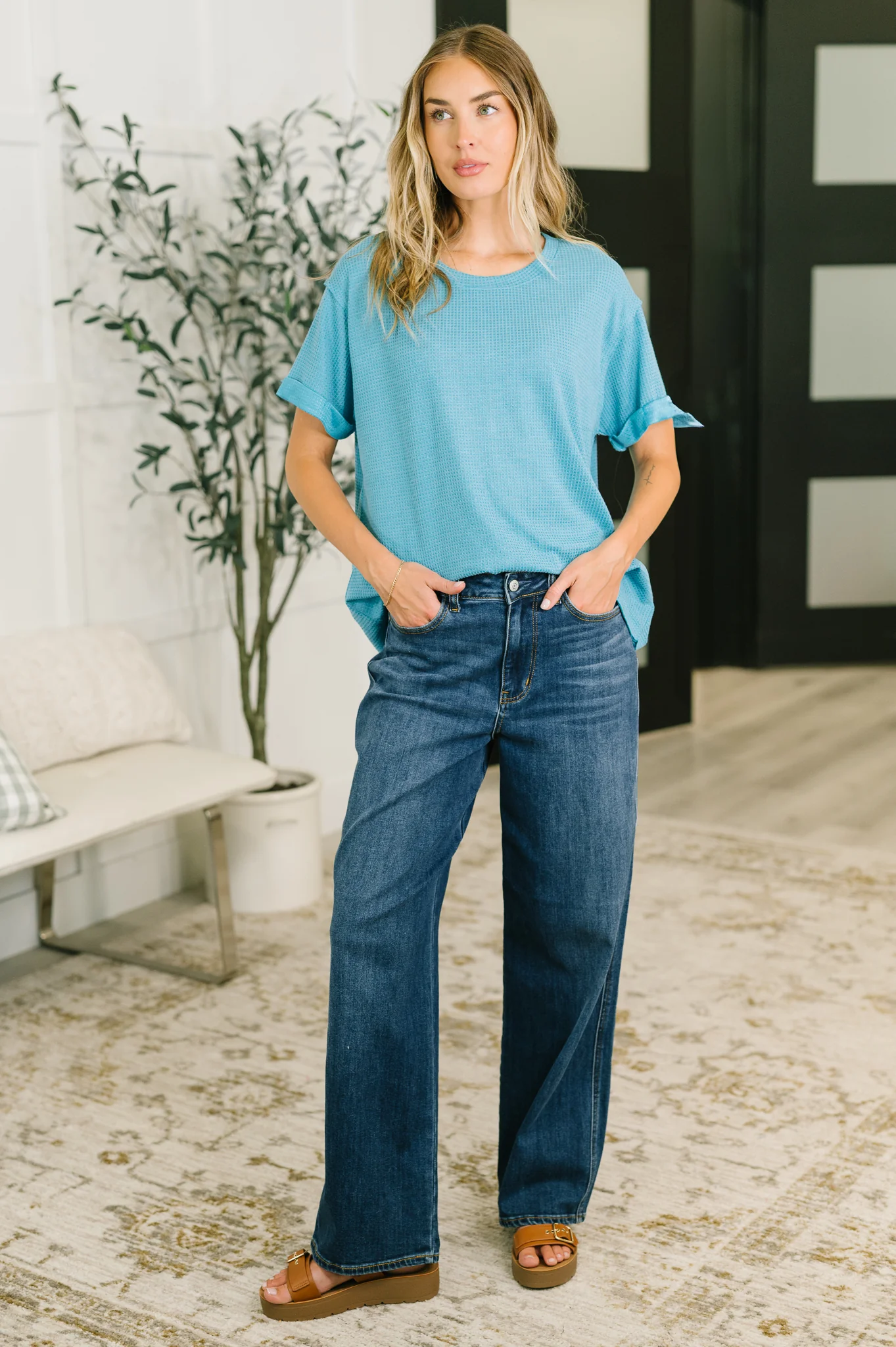 Leave It to Me Waffle Knit Relaxed Tee in Teal - 6/30/2026 NEW - Image 3