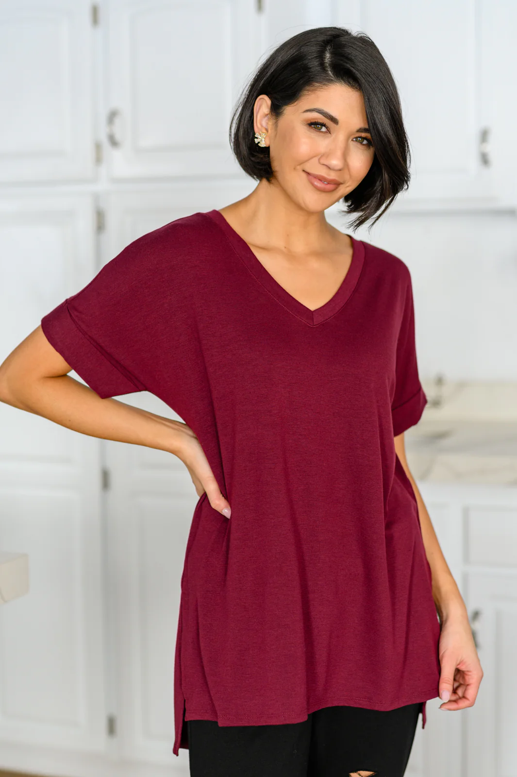 Let The Days Pass By Short Sleeve Top in Burgundy - 12/27/2022