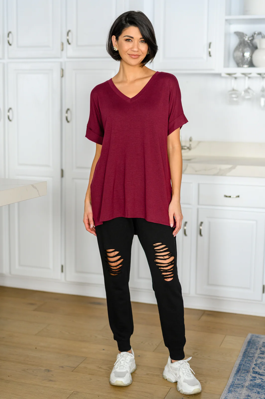 Let The Days Pass By Short Sleeve Top in Burgundy - 12/27/2022 - Image 5