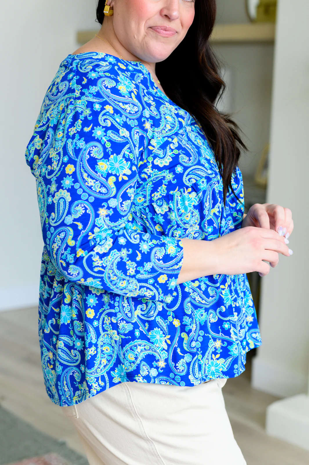 Lizzy Babydoll Top in Royal and Mint Paisley - 4/12/2024 - Image 7
