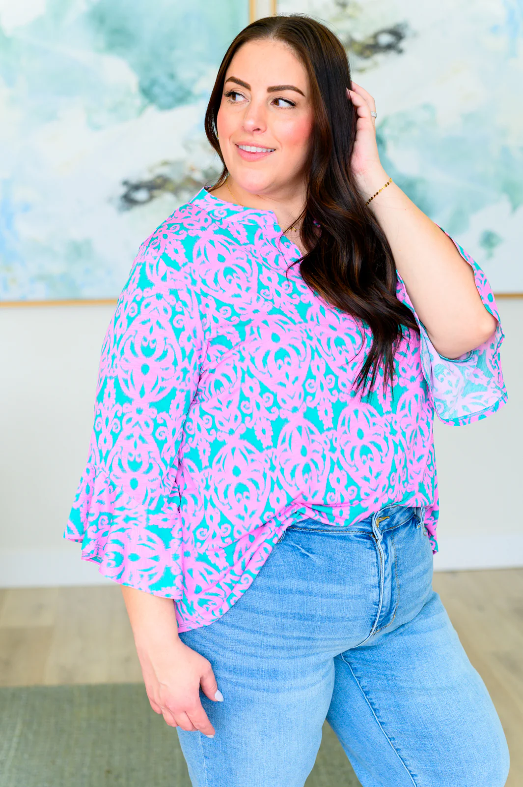 Lizzy Bell Sleeve Top in Mint and Pink Damask - 4/12/2024 - Image 6