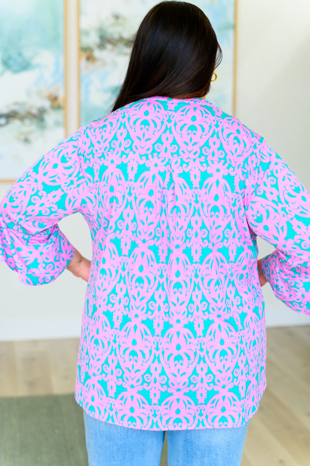 Lizzy Bell Sleeve Top in Mint and Pink Damask - 4/12/2024 - Image 8