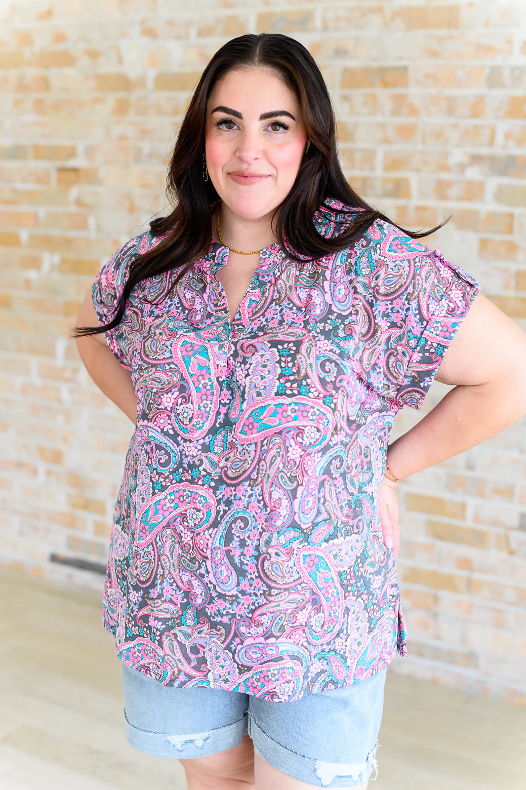 Lizzy Cap Sleeve Top in Charcoal and Pink Paisley - 5/31/2024